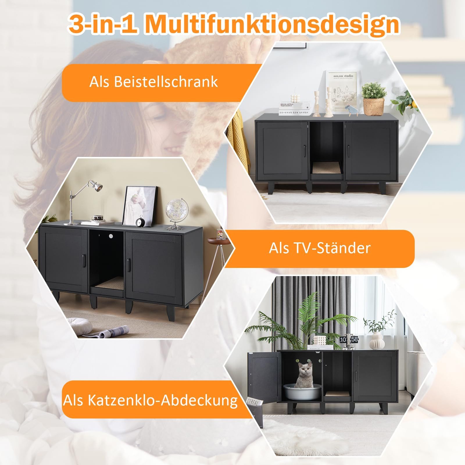 COSTWAY Tierhaus, Katzenklo Schrank, mit 2 Türen & Kratzbrett, 120 x 52 x 65 cm