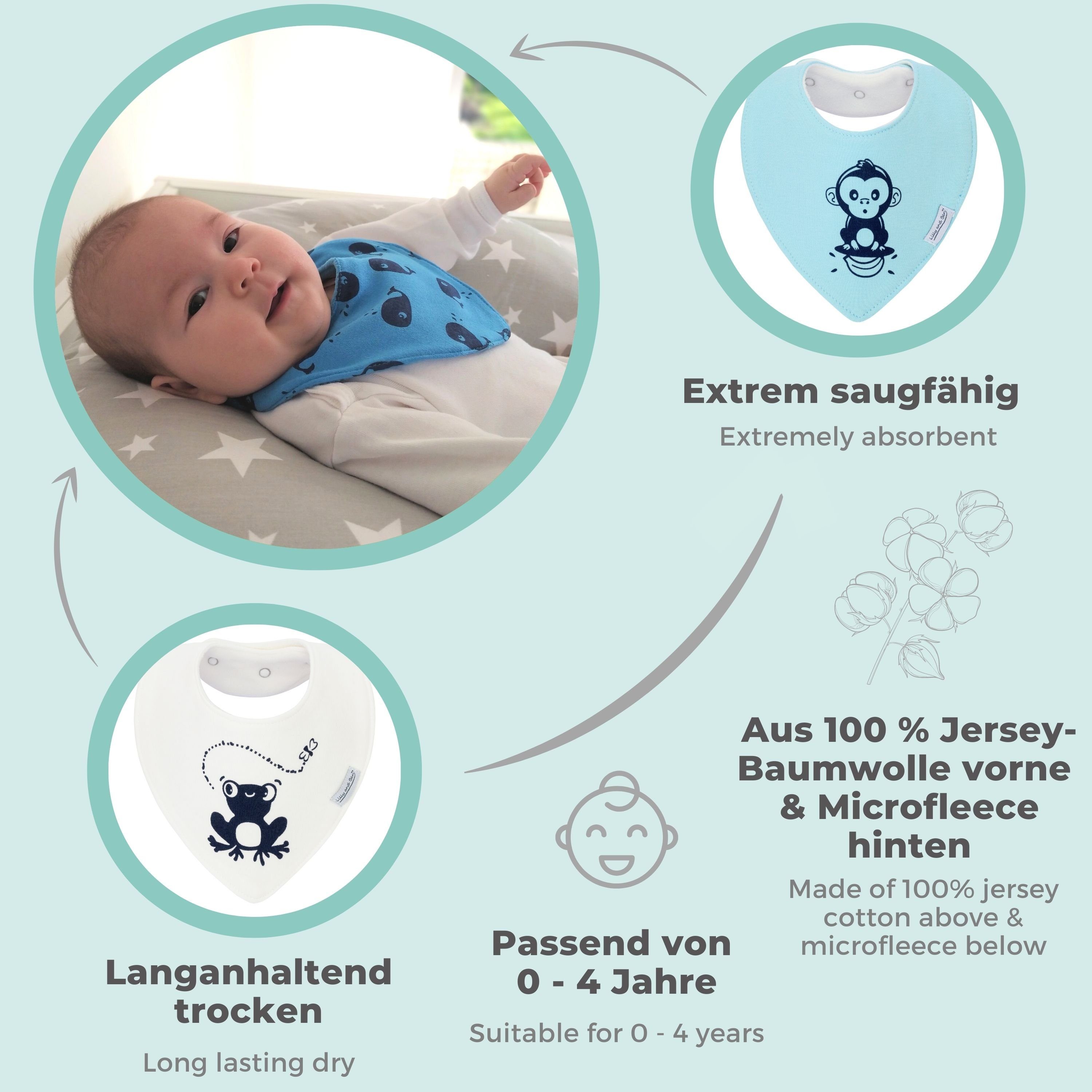 Baby-Lätzchen 6 Monate, 0-48 von Baby-Spucktücher doppellagiges mit 5-St), & Dreieckstuch (Set, Lilly Ben Baby-Halstuch Druckknöpfen, and saugstarkes