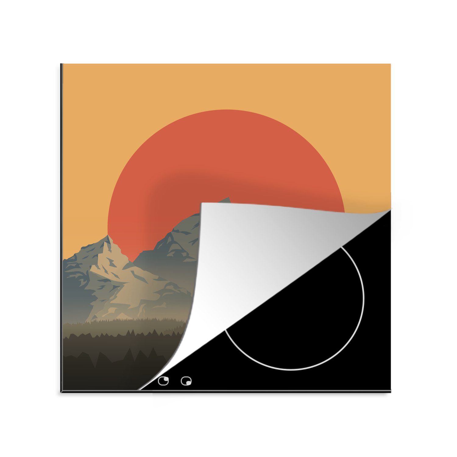 MuchoWow Herdblende-/Abdeckplatte Eine Illustration einer aufgehenden Sonne in einer Berglandschaft, Vinyl, (1 tlg), 78x78 cm, Ceranfeldabdeckung, Arbeitsplatte für küche
