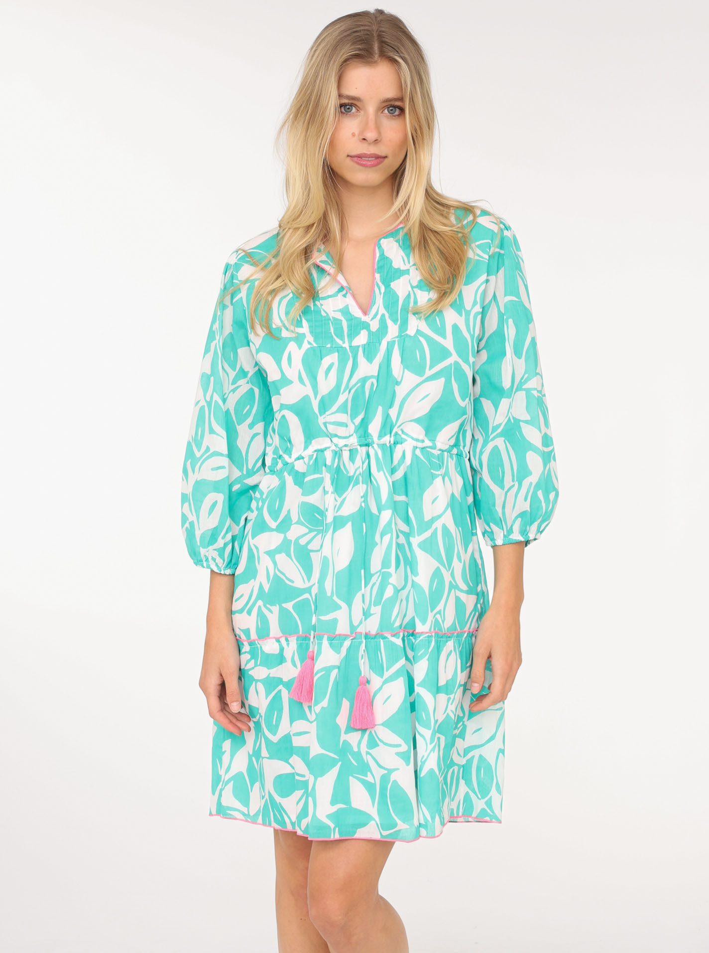 Zwillingsherz Sommerkleid "Blätter Zweifarbig" mit Tasseln und kontrastfarb günstig online kaufen