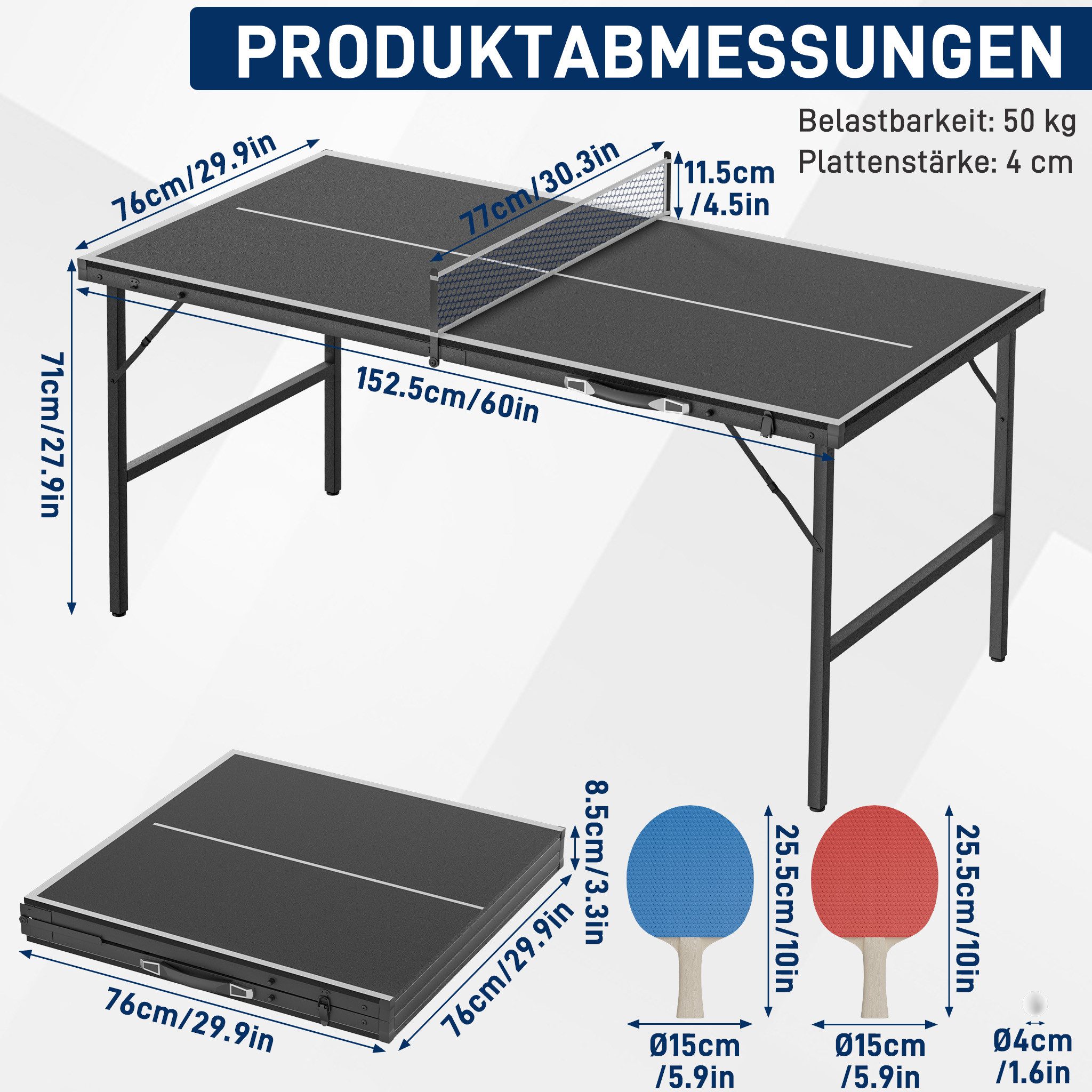 FIVMEN Mini-Tischtennisplatte klappbar im Koffer-Design mit TT-Netz und 2 Schlägern, laminierte MDF-Platte & rostfreier Metallrahmen 152,5 x 76 cm