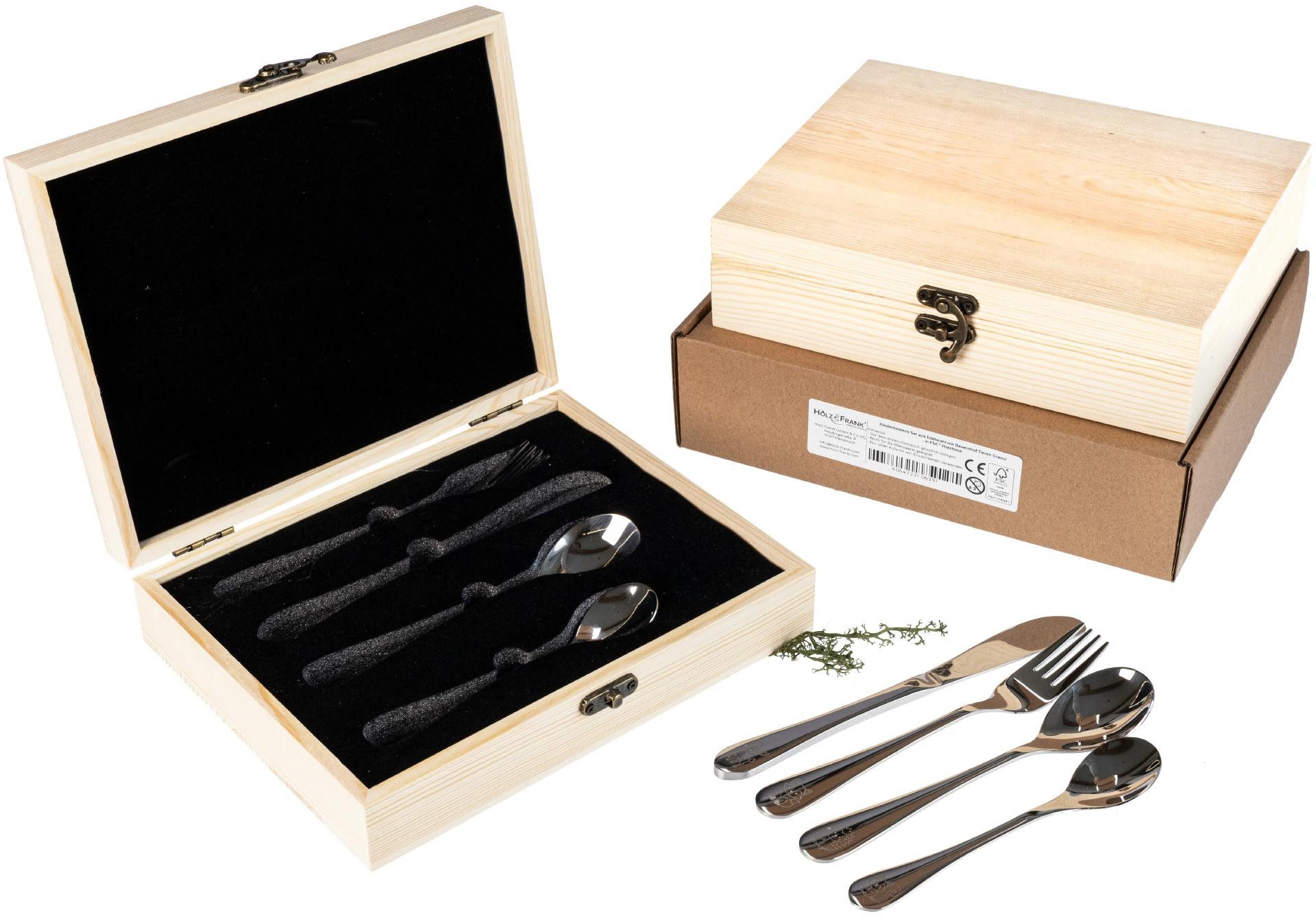 Holz Frank Kinderbesteck Kinderbesteck Set aus Edelstahl mit Waldtieren Gravur - in Holzkiste, Edelstahl