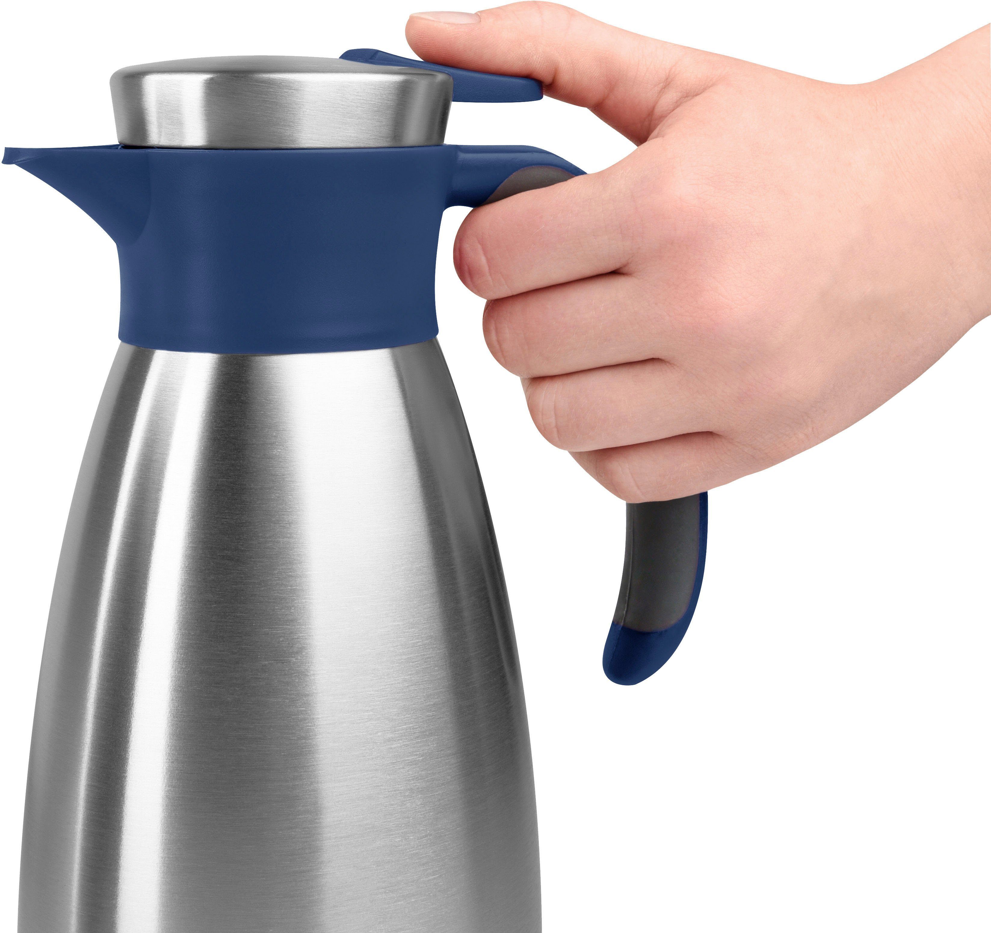 Emsa Isolierkanne Soft Grip, 1 l, (1-St), Quick Tip Verschluss, rutschfester Halt, 12 h heiß, 24 h kalt