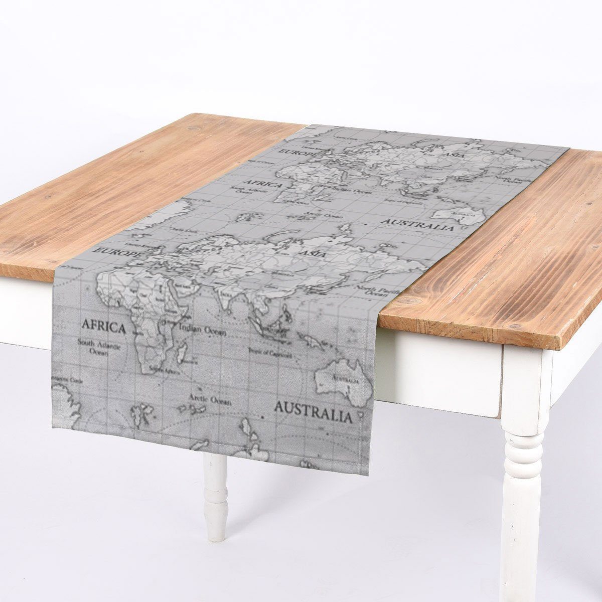 SCHÖNER LEBEN. Tischläufer SCHÖNER LEBEN. Tischläufer Fryett`s Weltkarte grau 40x160cm, handmade