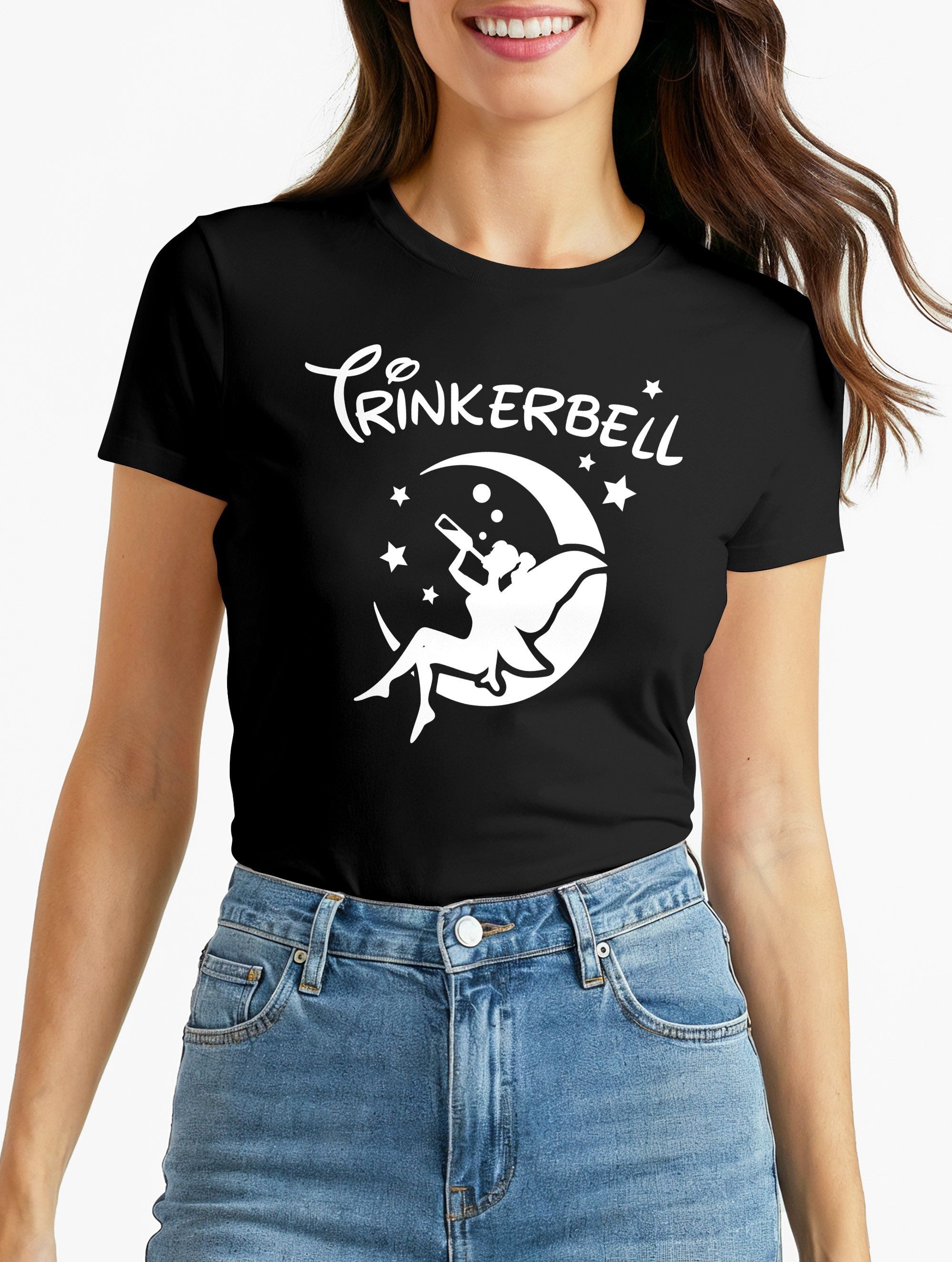 Print-Shirt Damen T-Shirt Spruch Alkohol Trinkerbell Parodie Satire Saufen