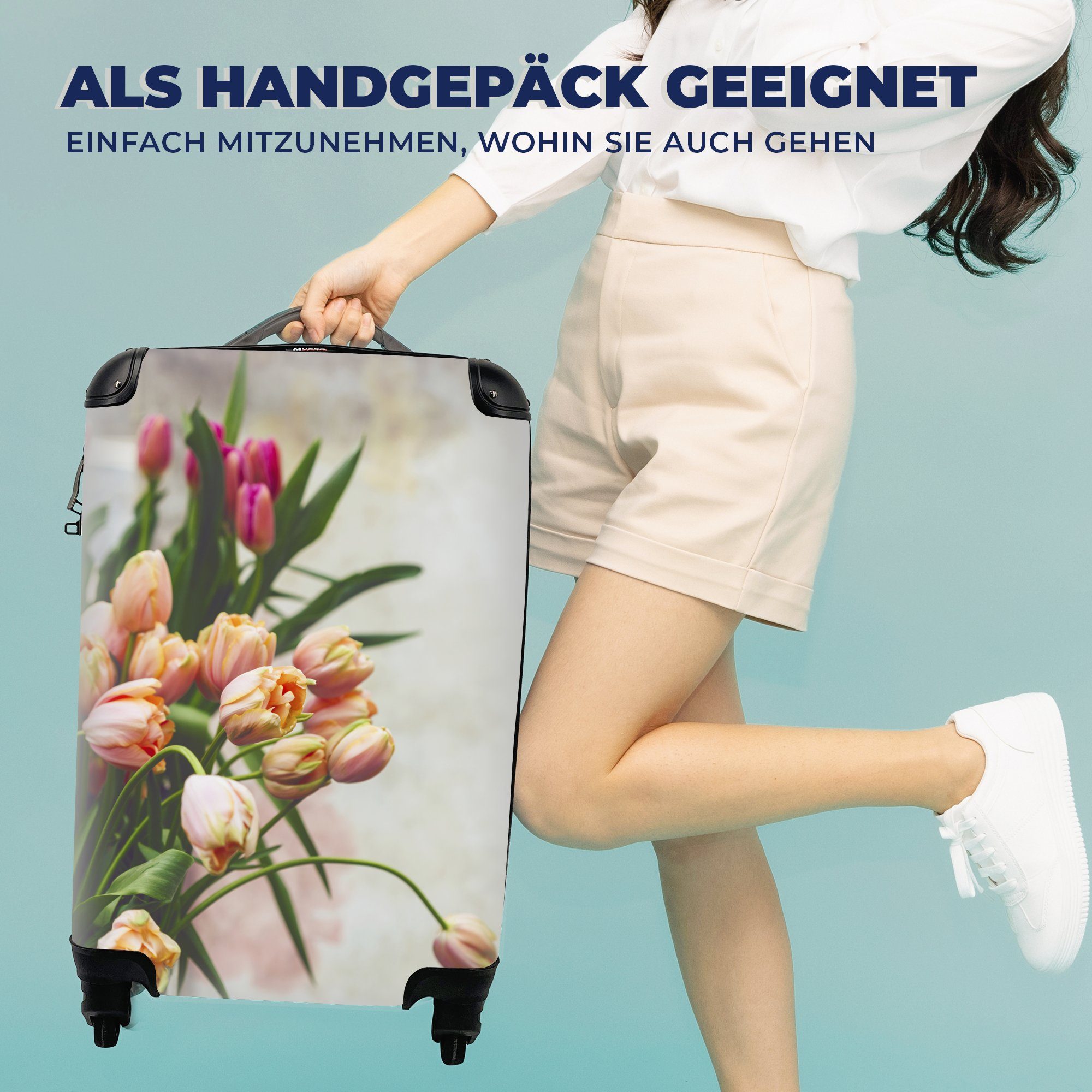 Handgepäck Handgepäckkoffer für mit 4 Tulpen, Reisekoffer Trolley, Wälder rollen, Ferien, mit Rollen, Reisetasche MuchoWow