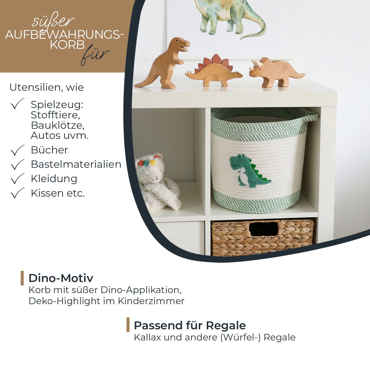 HMF Aufbewahrungskorb Aufbewahrungskorb mit verlängerten Griffen, runder Korb aus, Baumwolle für Kinderzimmer oder Babyzimmer,Dinosaurier, 30,5 x 30,5 cm