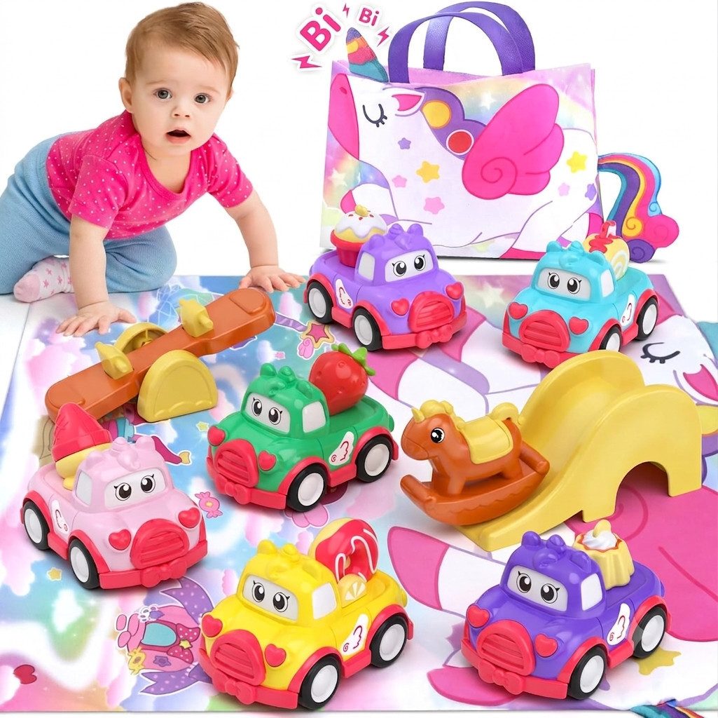 usrela Spielzeug-Auto 10-teiliges Einhorn Push & Go Spielzeugauto Set Aufbewahrungstasche, (Spielzeugauto Set für Kinder ab 3 Jahren mit Zubehör und Tasche 10tlg, 10-teiliges Einhorn Spielzeugauto Set mit Push&Go Funktion und Tasche), Push & Go Funktion, Einhorn Design, 10-teilig, Aufbewahrungstasche