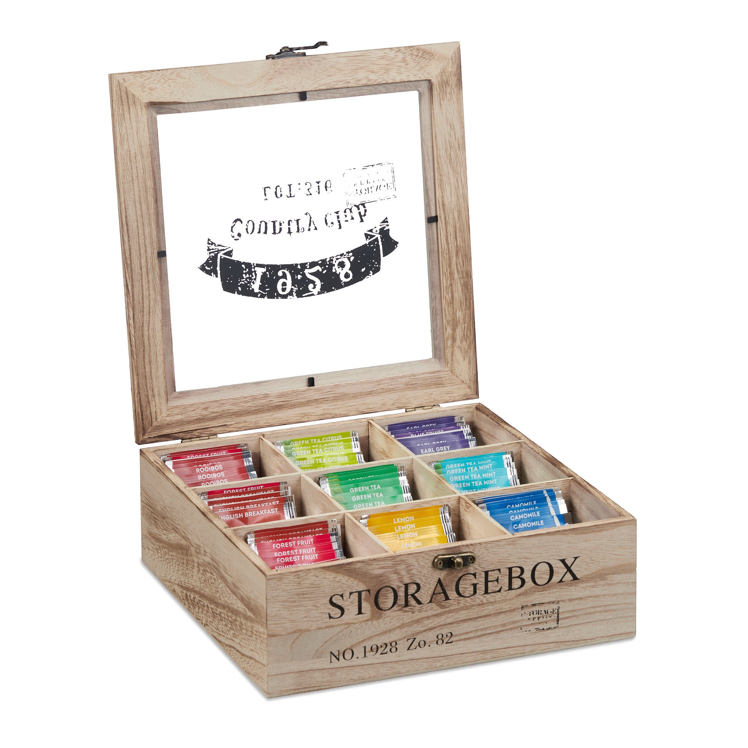 relaxdays Teebox Holz 9 Fächer, Holz, (1-tlg)