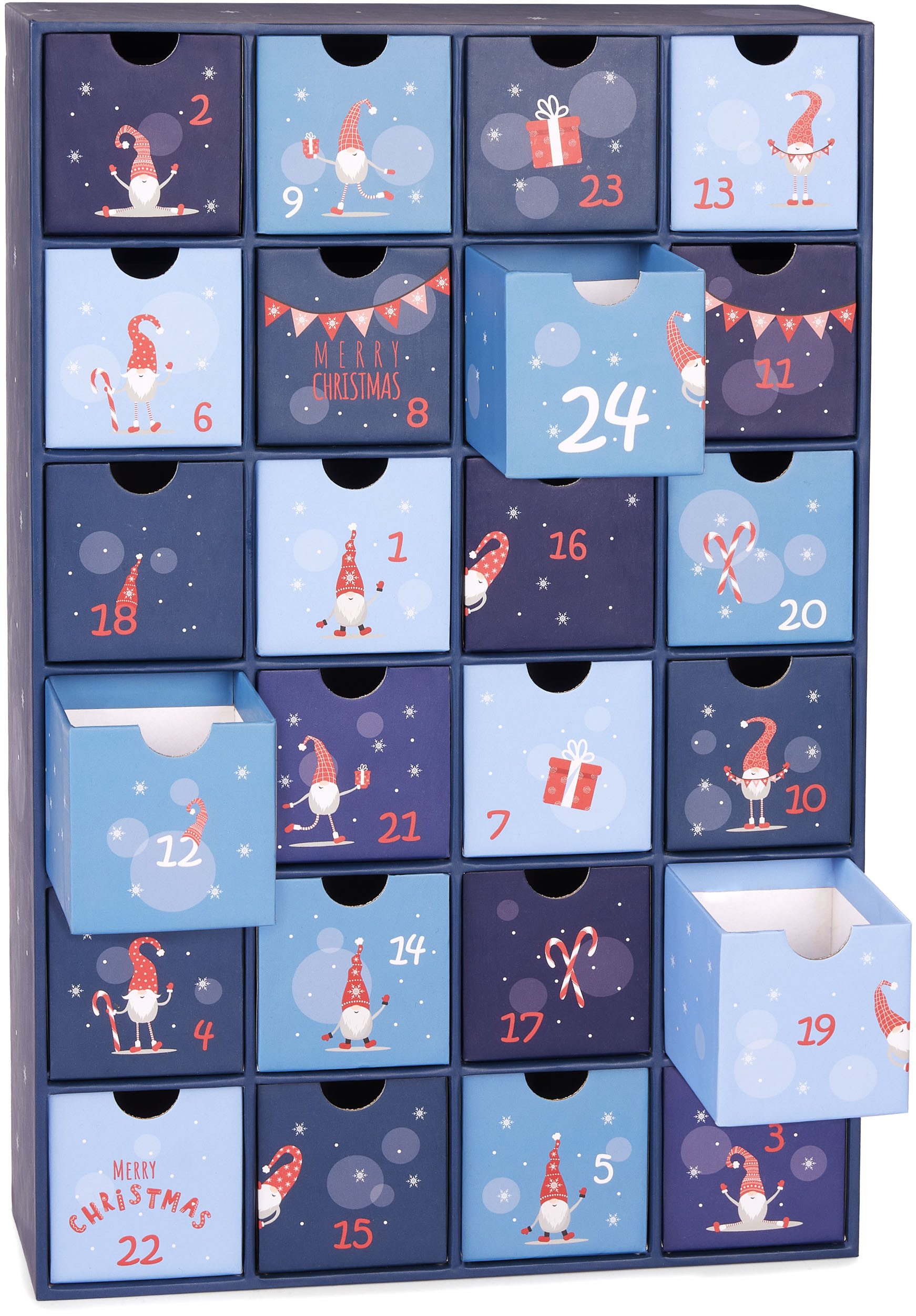 BRUBAKER befüllbarer Adventskalender DIY Weihnachtskalender mit 24 Türchen zum Befüllen Wichtel Zwerge Blau (Wiederverwendbar, 1-tlg), Kalender für Gutscheine Süßigkeiten 32,5 cm Pappe