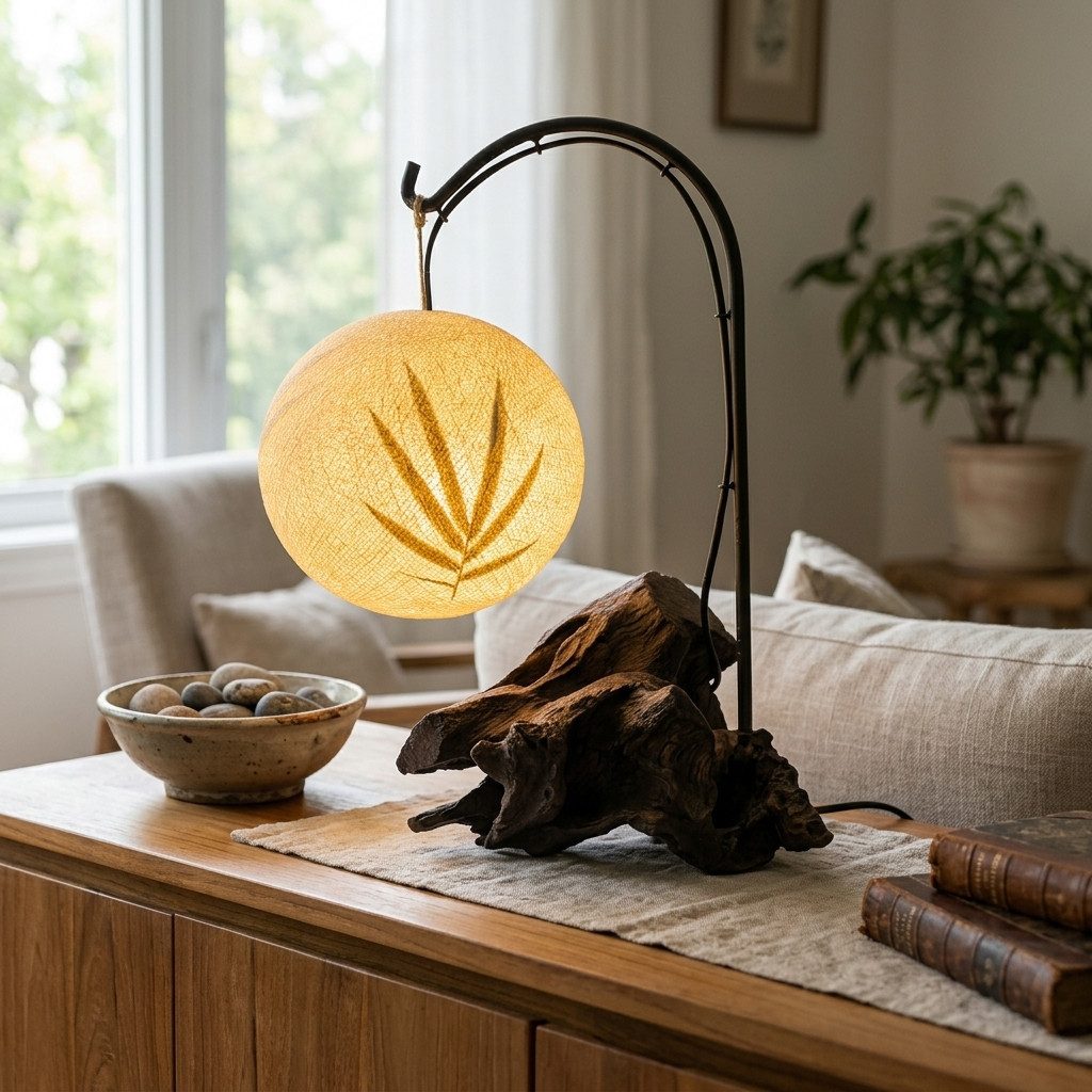 Kinaree Tischleuchte Wurzelholz Tischlampe ANAHOLA, Rattan-Kugelschirm, ohne Leuchtmittel
