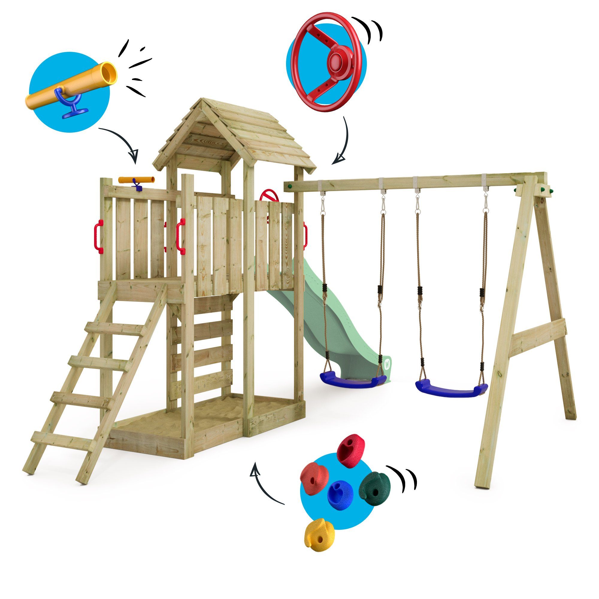 Wickey Spielturm MultiFlyer mit Holzdach, Doppelschaukel günstig online kaufen