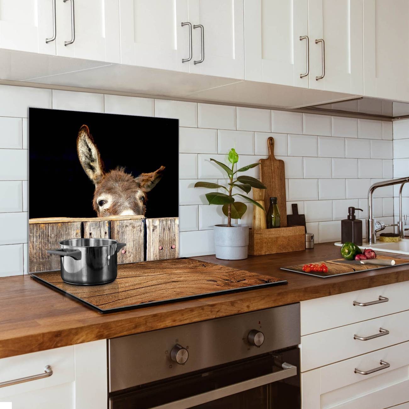 banjado Küchenrückwand Küchenrückwand Esel, (gehärtetes Glas, inklusive 4 Magnete & 1 Kreidestift)