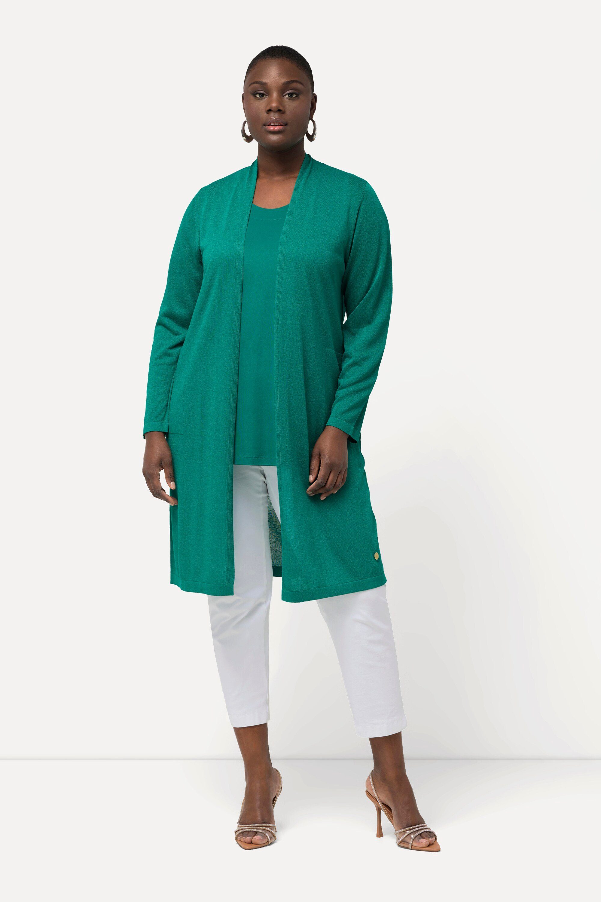 Ulla Popken Langjacke Long-Strickjacke Glitzer Stehkragen V-Ausschnitt