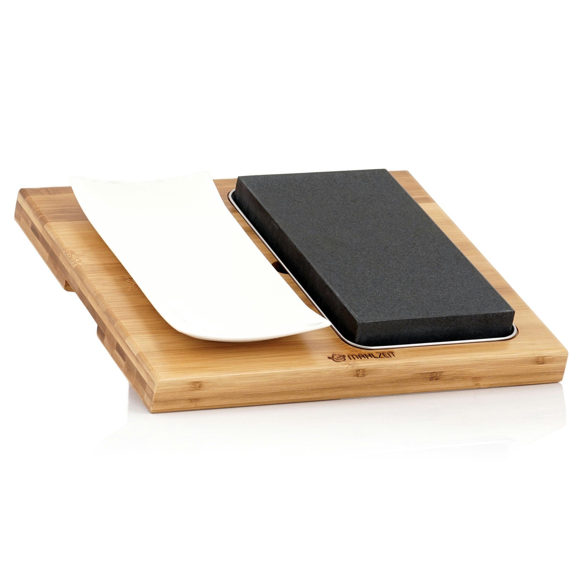 Mahlzeit Lavasteine Lavastein Set (4-teilig), Set mit heißem Stein, Тарелки und Holzbrett, (Set, Set mit heißem Stein, Тарелки und Holzbrett)