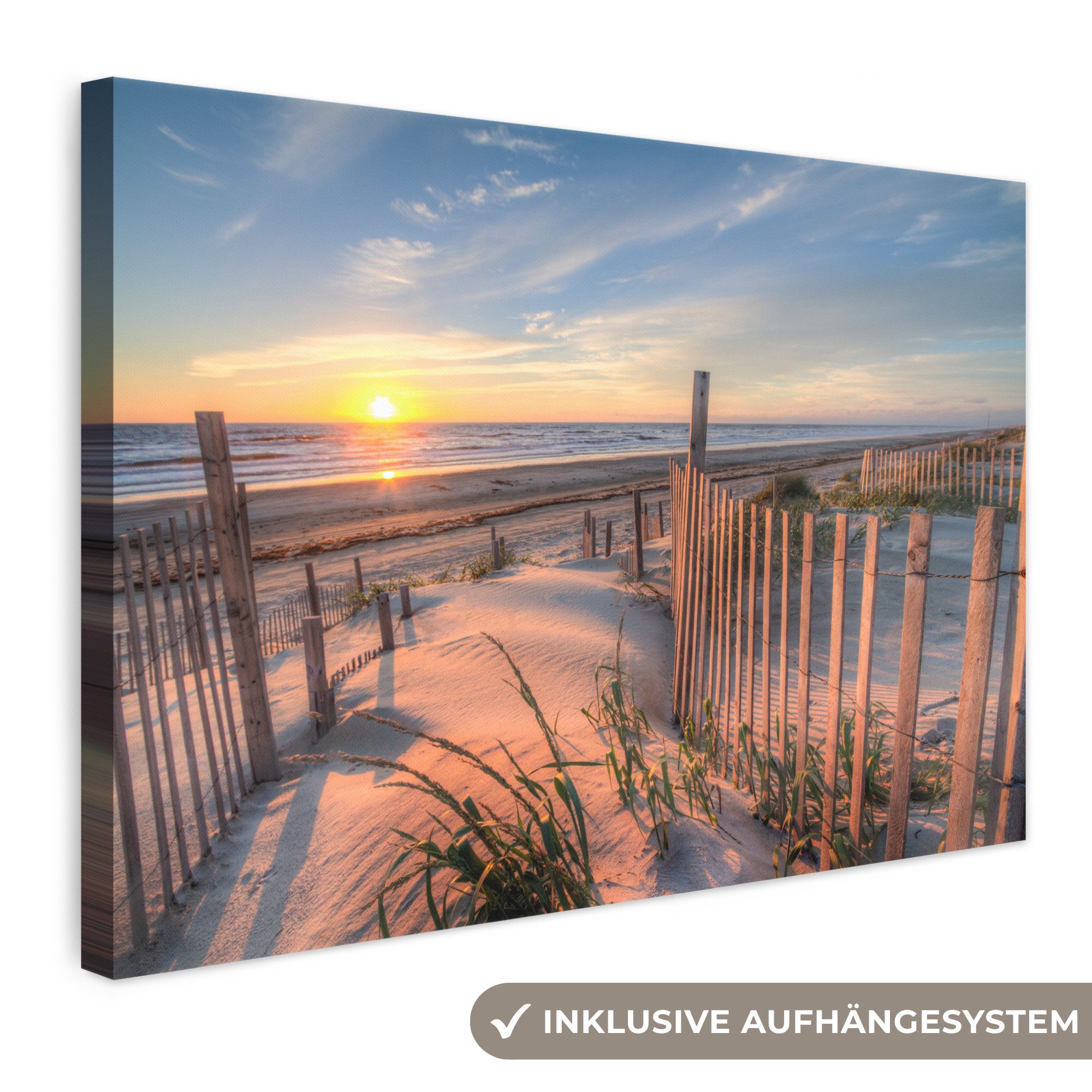 OneMillionCanvasses® Leinwandbild Strand - Meer - Düne - Sonnenuntergang - Landschaft, Fotodruck (1 St), Leinwand Bilder Klein, Wand Dekoration Aesthetic 30x20 cm