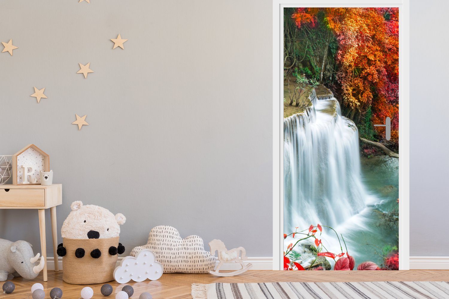 75x205 Fototapete Wasserfall - Natur, - St), Türaufkleber, (1 MuchoWow Bäume - Tür, cm Türtapete Matt, bedruckt, Herbst für