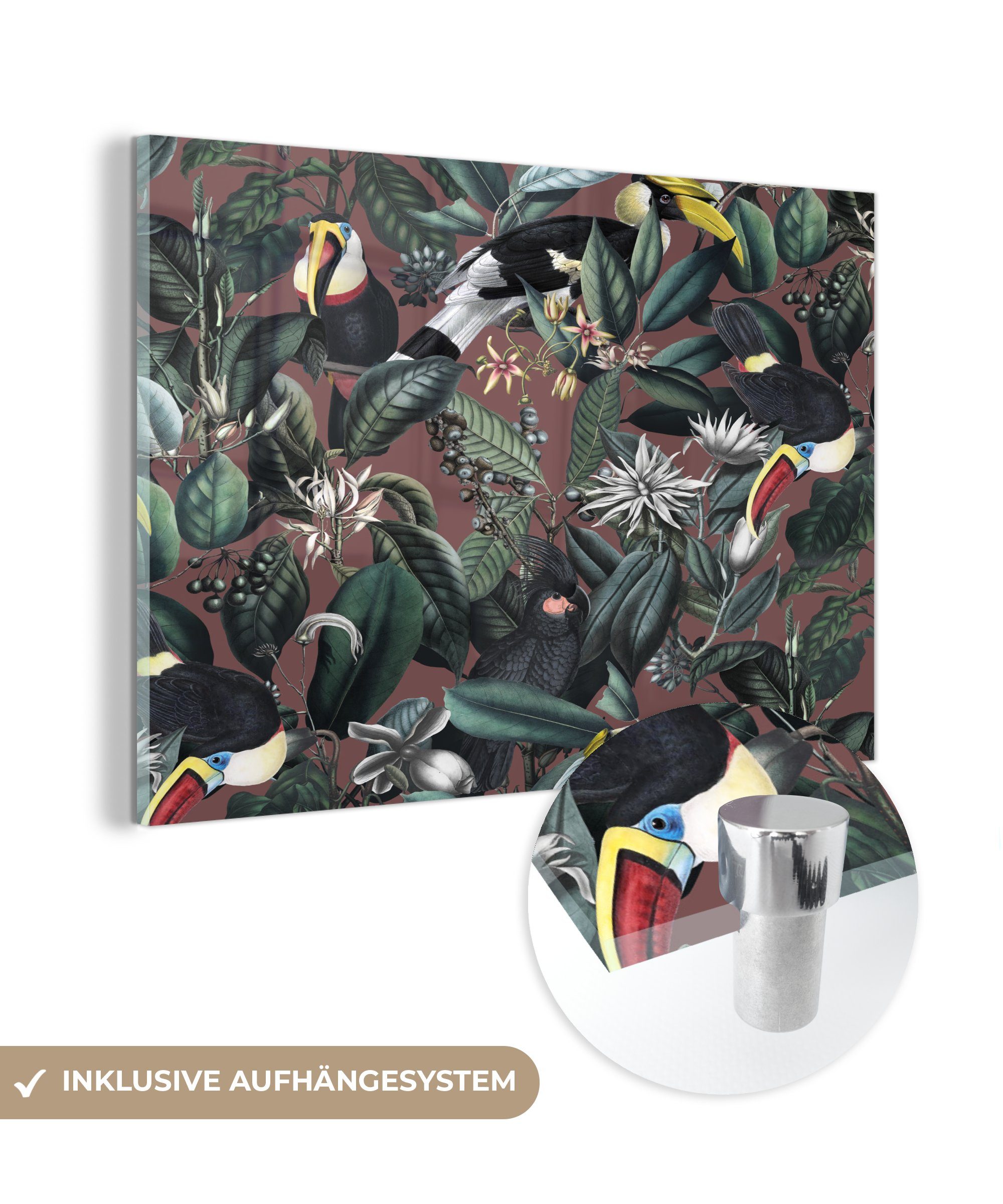 Offizielle Website für den Versandhandel MuchoWow Acrylglasbild Tukan Bilder Wandbild Glasbilder auf Foto Wanddekoration (1 St), Blätter, - - - - Glas Blumen Glas - auf