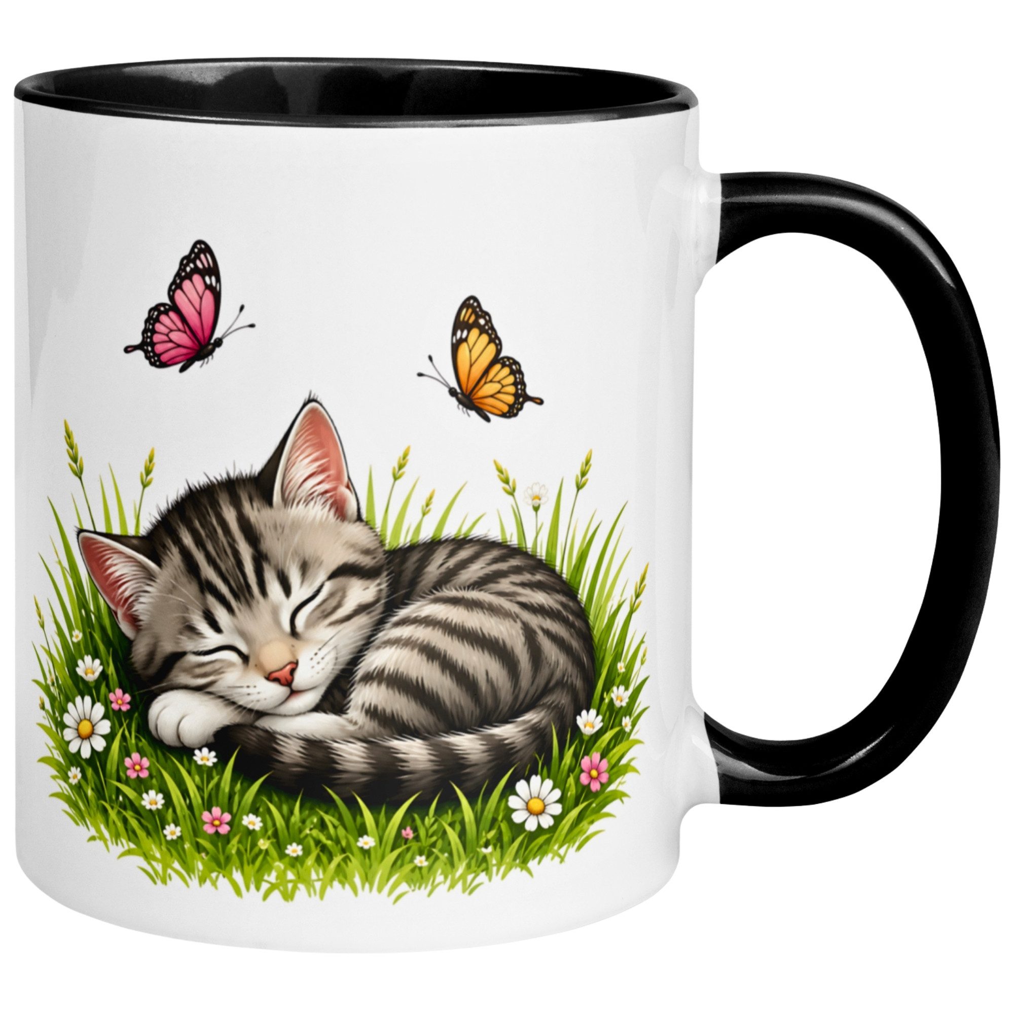 Momentals Tasse Katze – „Schlafende Katze mit Schmetterlingen“ – Süßes Katzen Geschenk, Gratis Versand · Links-&Rechtshänder · Spülmaschinenfest