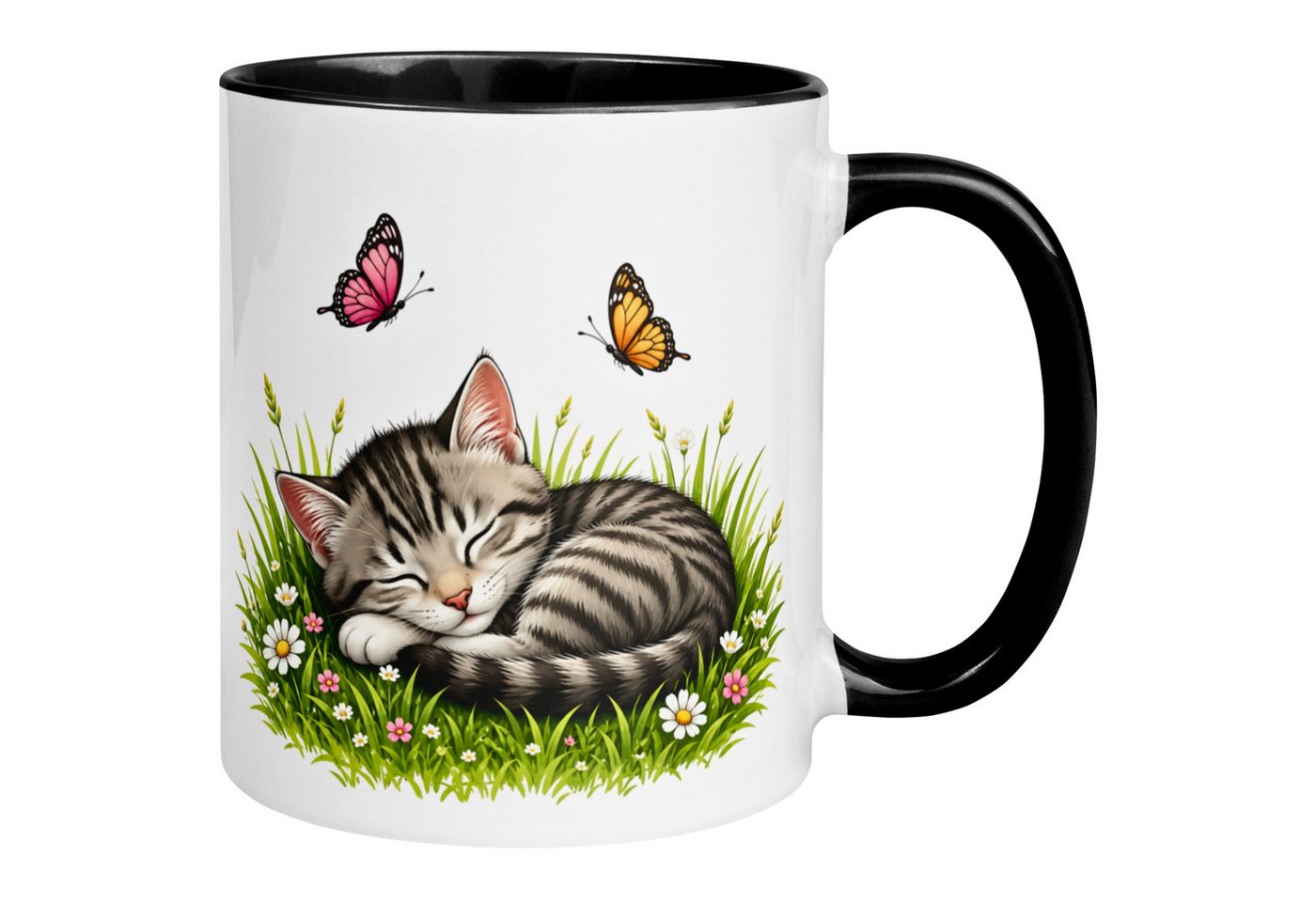 Momentals Tasse Katze – „Schlafende Katze mit Schmetterlingen“ – Süßes Katzen Geschenk, Gratis Versand · Links-&Rechtshänder · Spülmaschinenfest