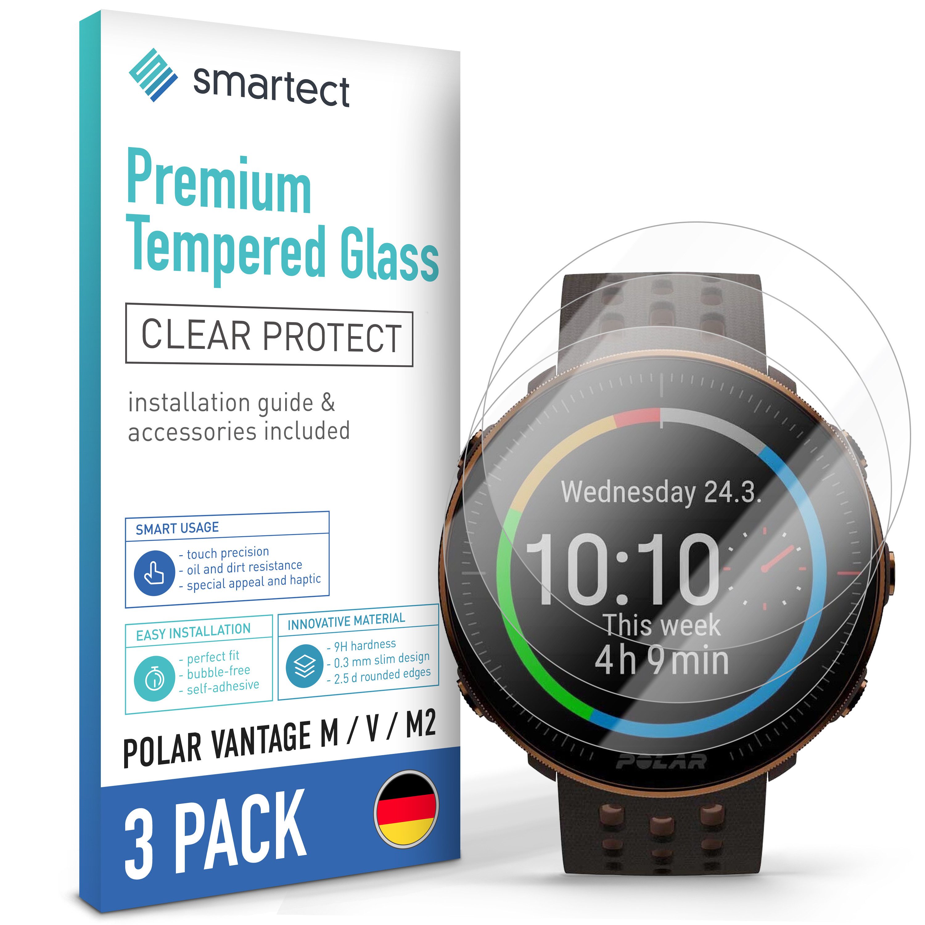 smartect Displayschutzglas 3X Schutzglas Panzerfolie Klar für Polar Vantage M/ V/ M2 für Polar Vantage M/ V/ M2, Set, 3 Stück, 0.3 mm Ultra-klar, 9H Härte, Kratzfest, Stoßfest, Blasenfrei, Oleophob