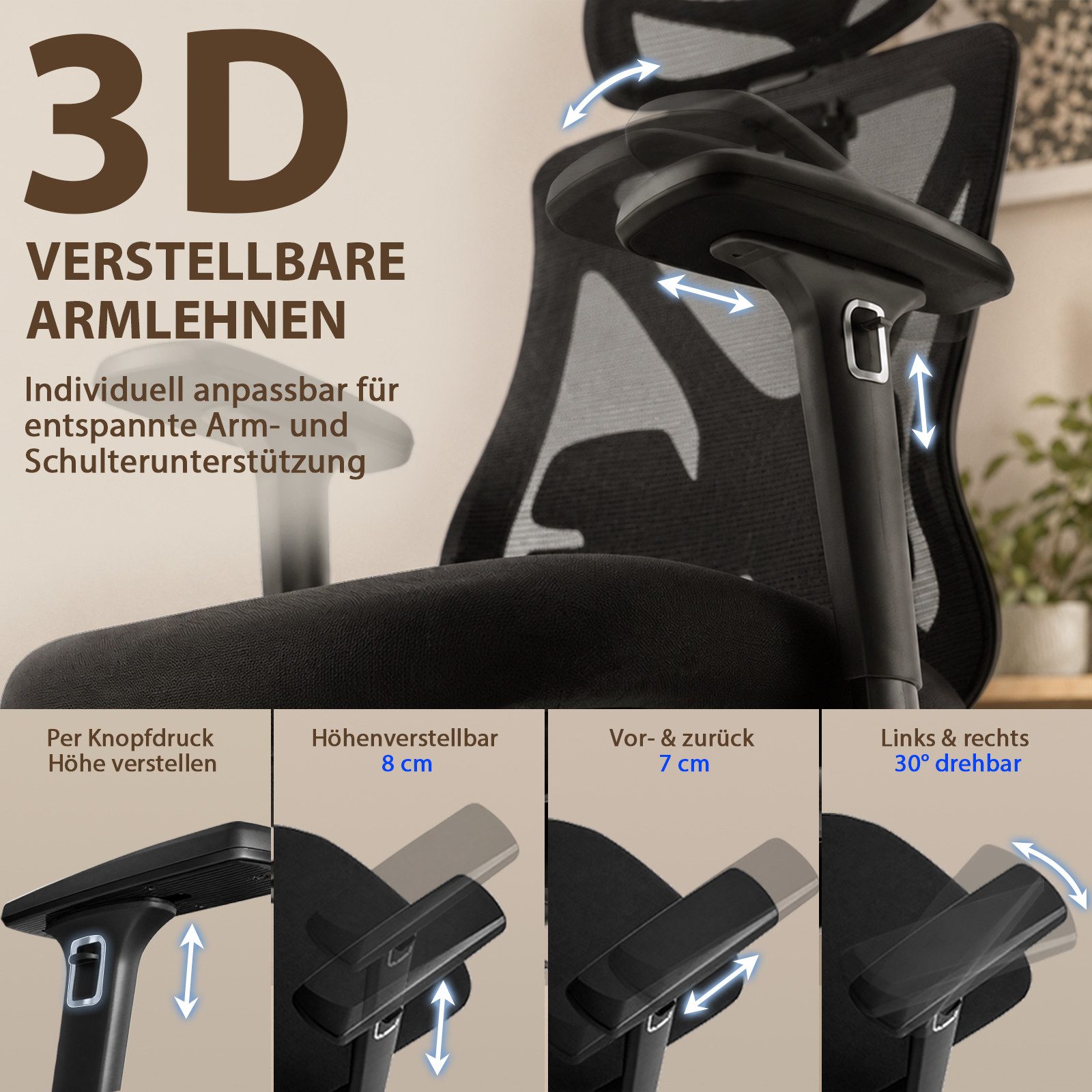Hoolamyie Bürostuhl Ergonomischer Schreibtischstuhl 200 kg, mit Sitztiefenverstellung (Drehstuhl mit 4D-Lordosenstütze, 3D-Armlehnen, extra großer, verstellbare – Bild 5 von 5