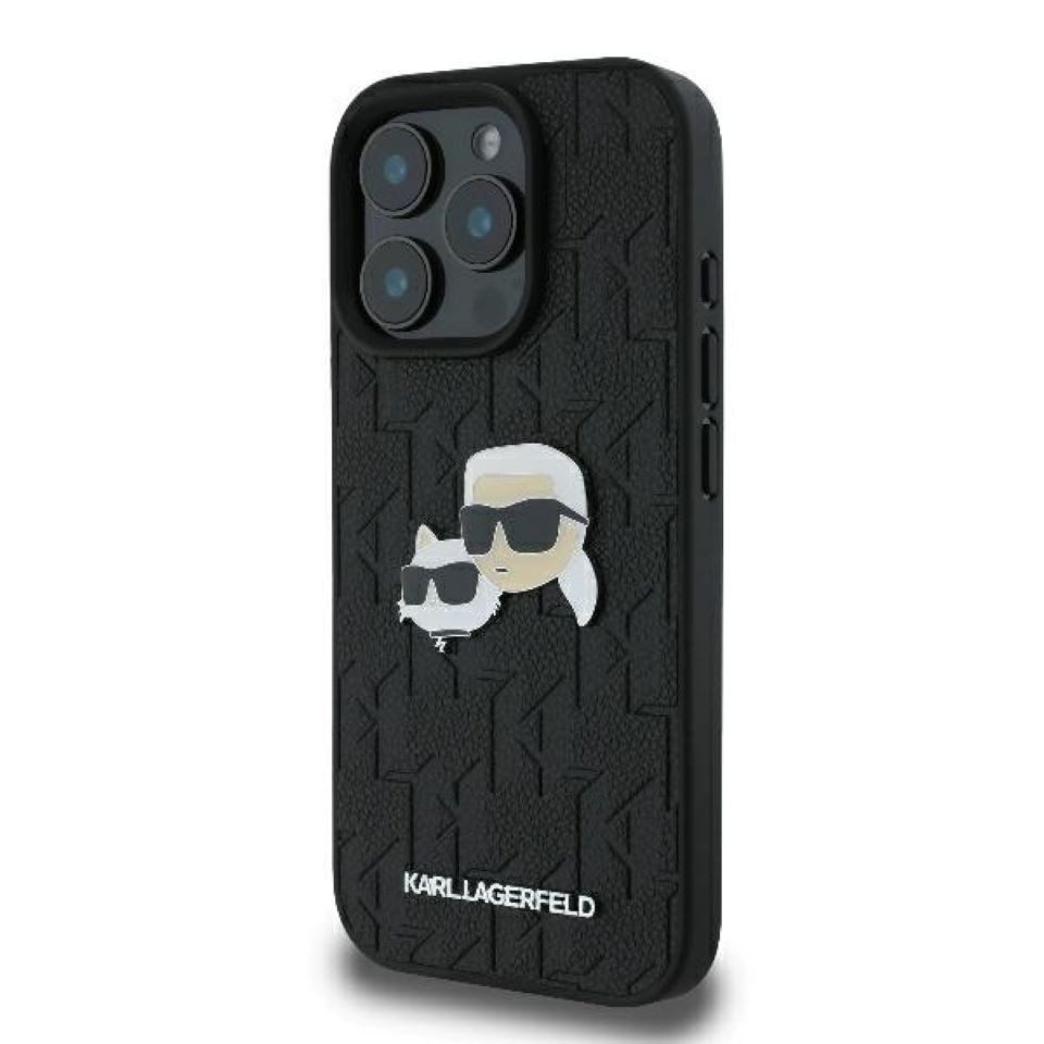 KARL LAGERFELD Handyhülle iPhone 16 Pro Max Kunststoff schwarz Logo Metall 6,9 Zoll, Kantenschutz