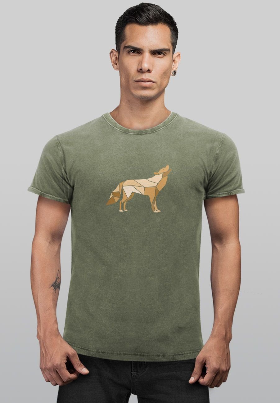 Neverless Print-Shirt Herren Vintage Shirt Geometrie Aufdruck mit Polygon Wil Print Print Outdoor oliv Wolf