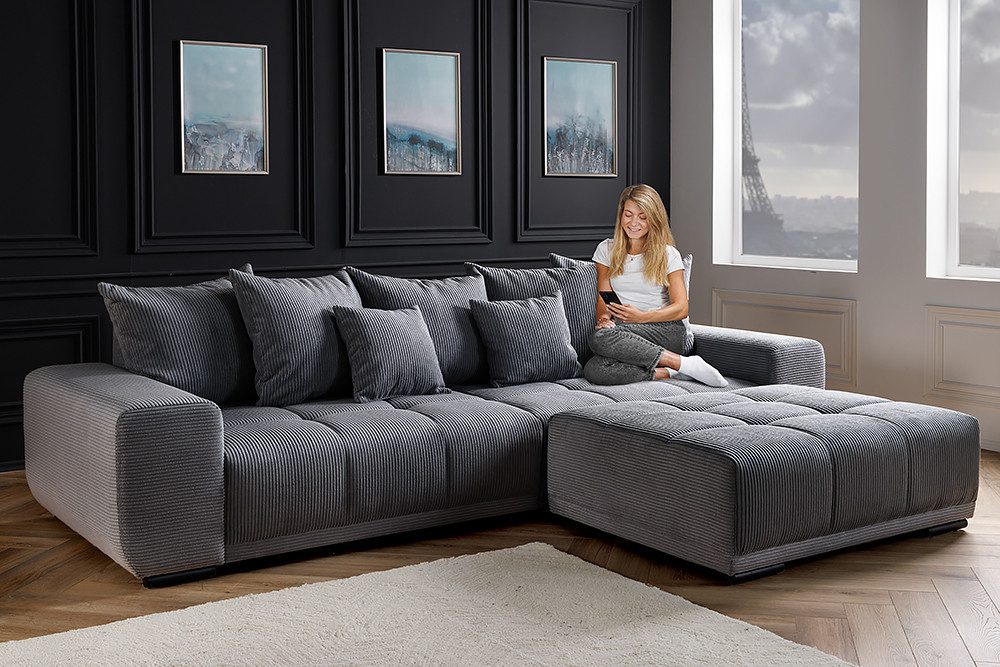 riess-ambiente Big-Sofa ELEGANCIA 285cm anthrazit - Cord, Buche, Federkern, inkl. Kissen, FSC, Einzelartikel 1 Teile, Moderne XXL-Couch - ideal für Wohn- & Schlafzimmer oder Loft-Wohnungen