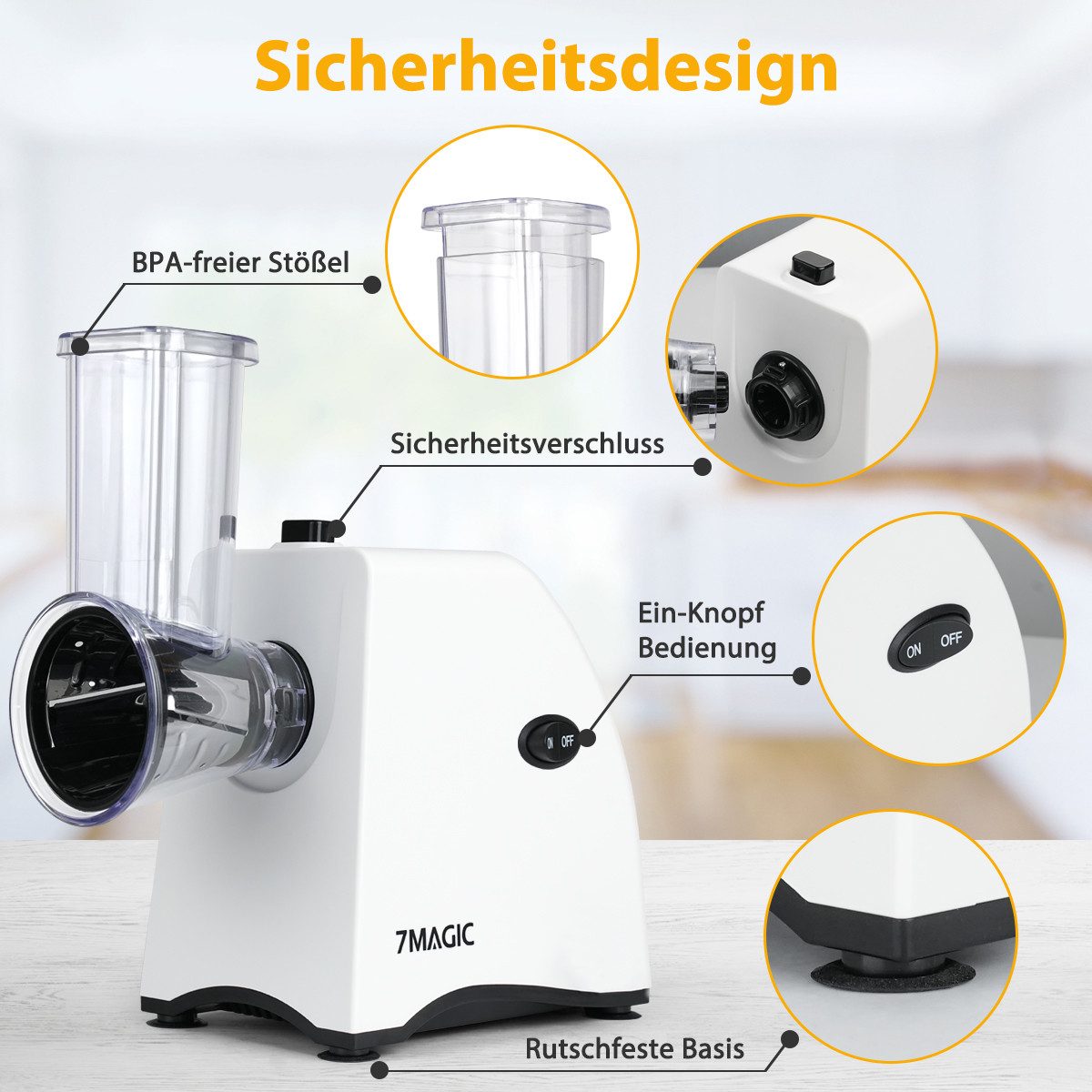 KNKA PRO Gemüseschneider Elektrischer Gemüsehobel, Obst- und Gemüsereibe, Multifunktionsreibe, 250 W, 5 Edelstahleinsätze, abnehmbar, leicht zu reinigen, für Ob – Bild 5 von 5