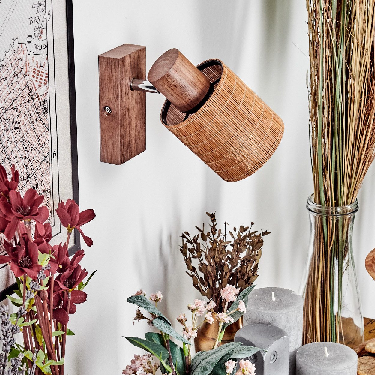 hofstein Wandleuchte Wandlampe aus Holz/Metall/Bambus in Natur/Chromfarben, günstig online kaufen