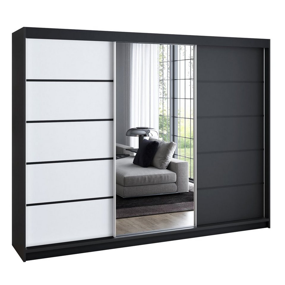 A&J MöbelLand GmbH Schiebetürenschrank VILUNO mit 4 Schubladen und Spiegel (nur für kurze Zeit! TOP ANGEBOT! Geräumiger Schrank mit einer Breite von 200 cm und Spiegel, ideal zur Aufbewahrung von Kleidung und Accessoires. 4 Schubladen und viel Stauraum. T