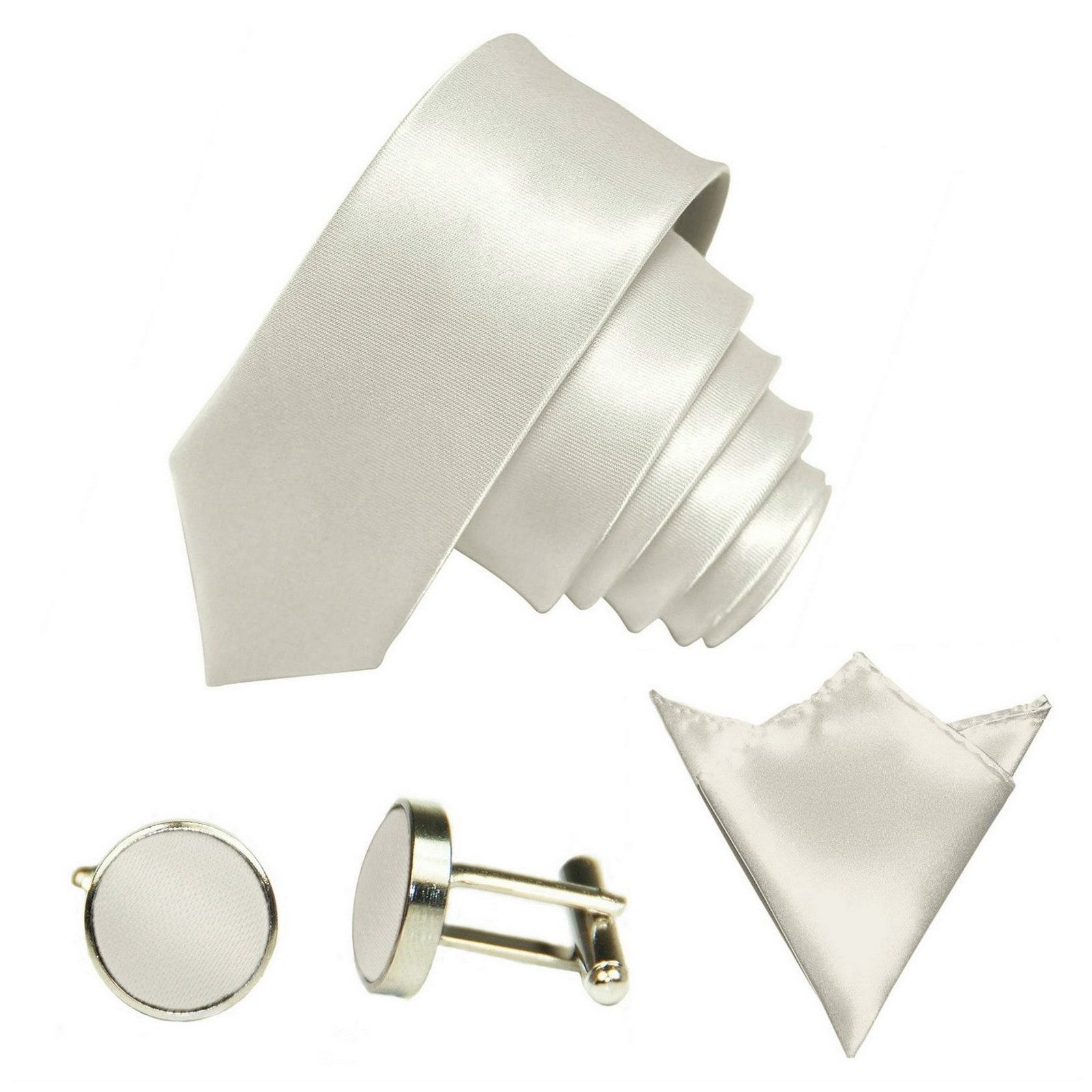 GASSANI Krawatte Satin Hochzeitskrawatte, Herren-Krawatte Hochzeit Schlips z Anzug (Set, 3-St., Krawattenset, Manschettenknöpfe, mit Einstecktuch) 6cm Schmal Dünn, Slim Uni, Seide-Touch-Finish