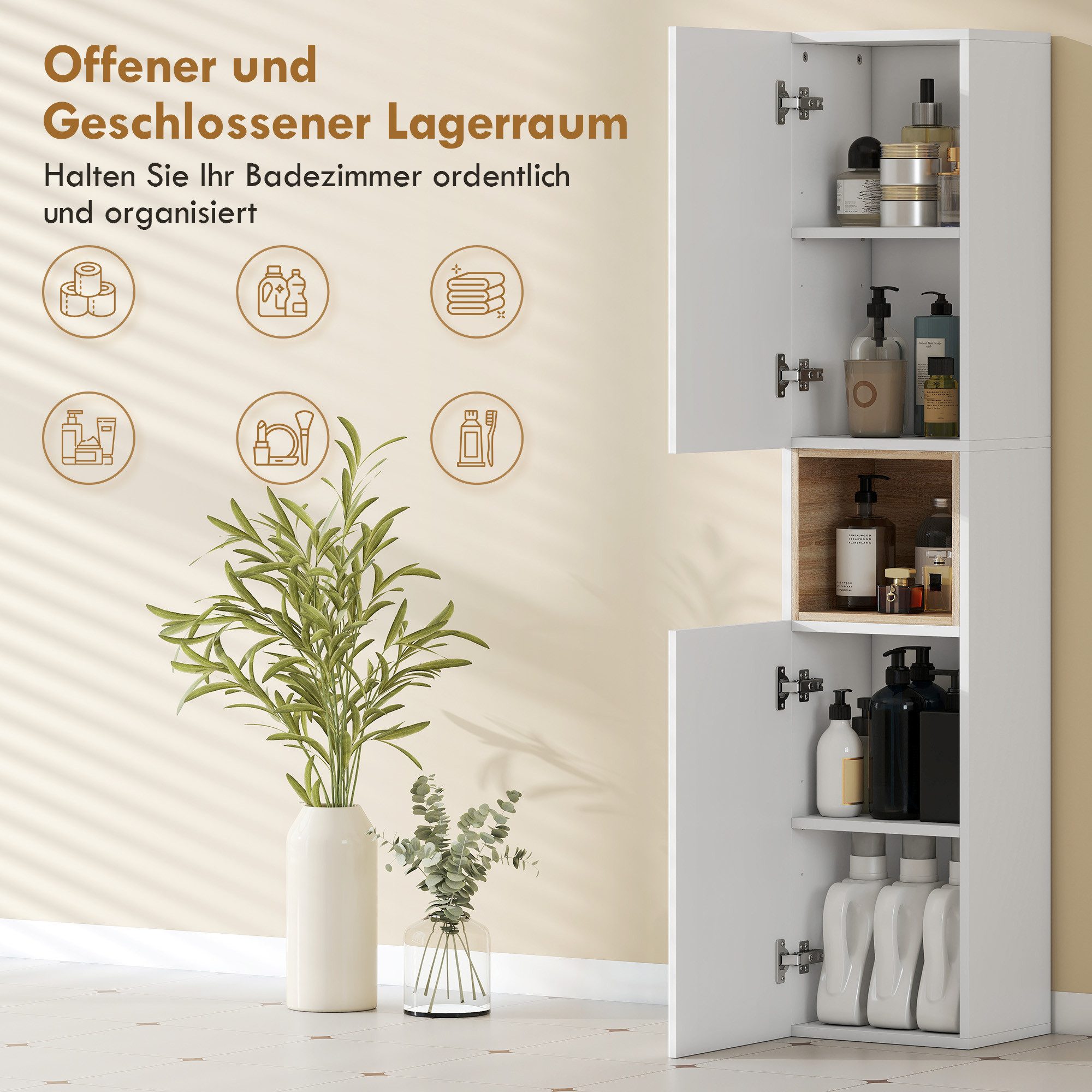 HOMCOM Badkommode Hochschrank 2 geriffelte Türen, offenes Fach, verstellbare Regale (Set, 1 St., 1 Badezimmerschrank), Schmal, Soft-Close – Bild 4 von 5