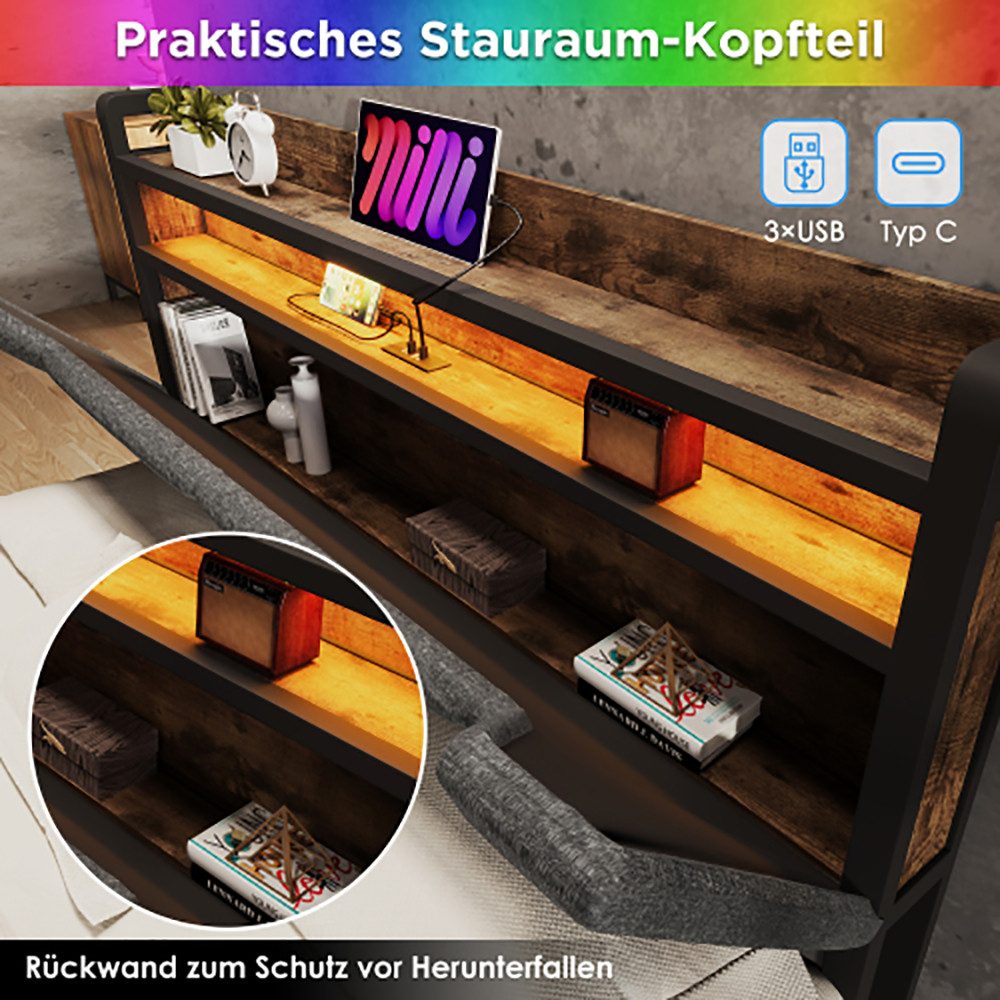 Polsterbett (140x200cm Stauraumbett mit Lattenrost, Schubladen und LED-Beleuchtung), Ladefunktion Stauraum-Kopfteil, Doppelbett aus Stahlrahmen, Leinen