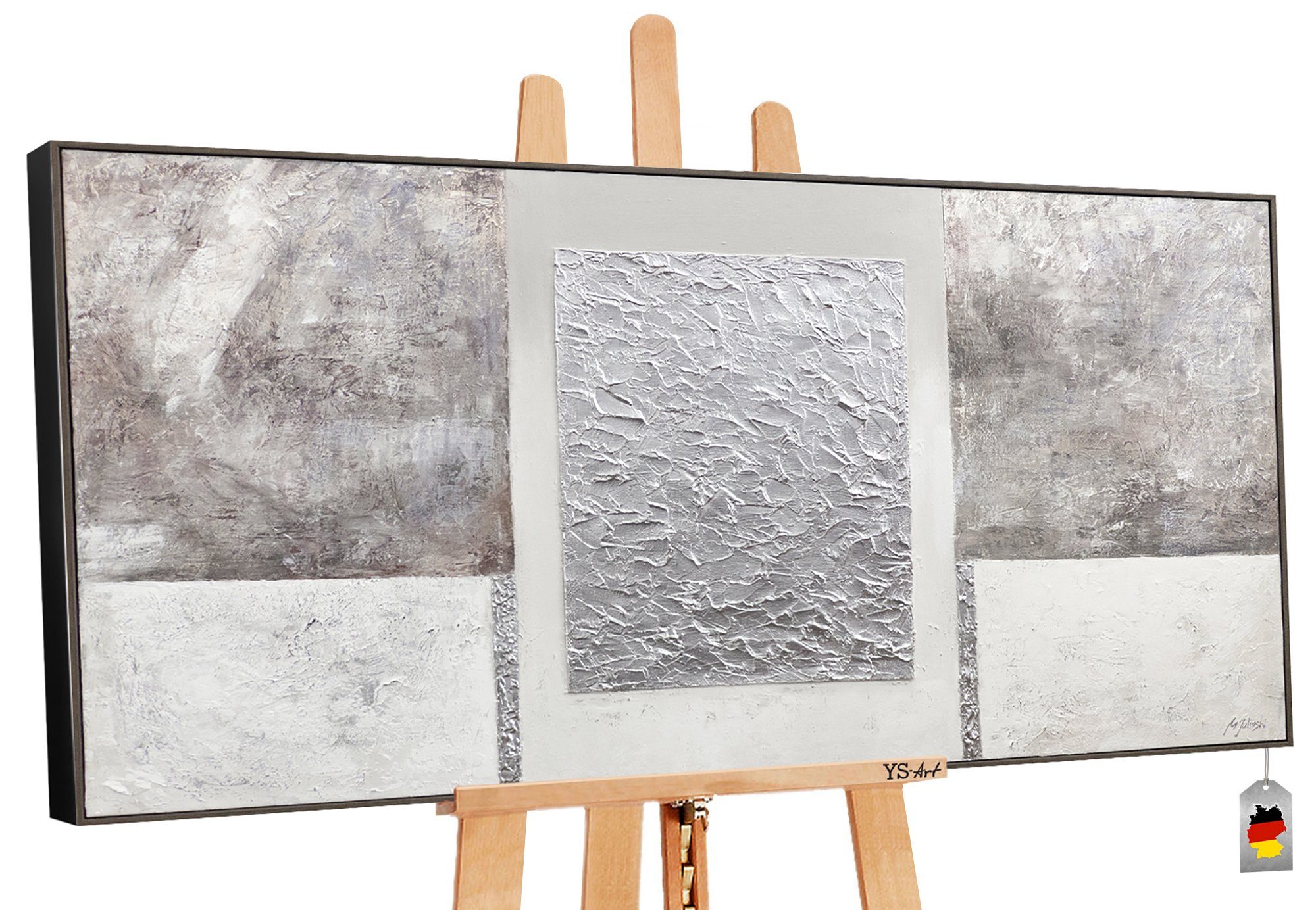 YS-Art Gemälde Perfekte Stabilität, Leinwand Bild Handgemalt Silber Weiß Quadrat mit Rahmen