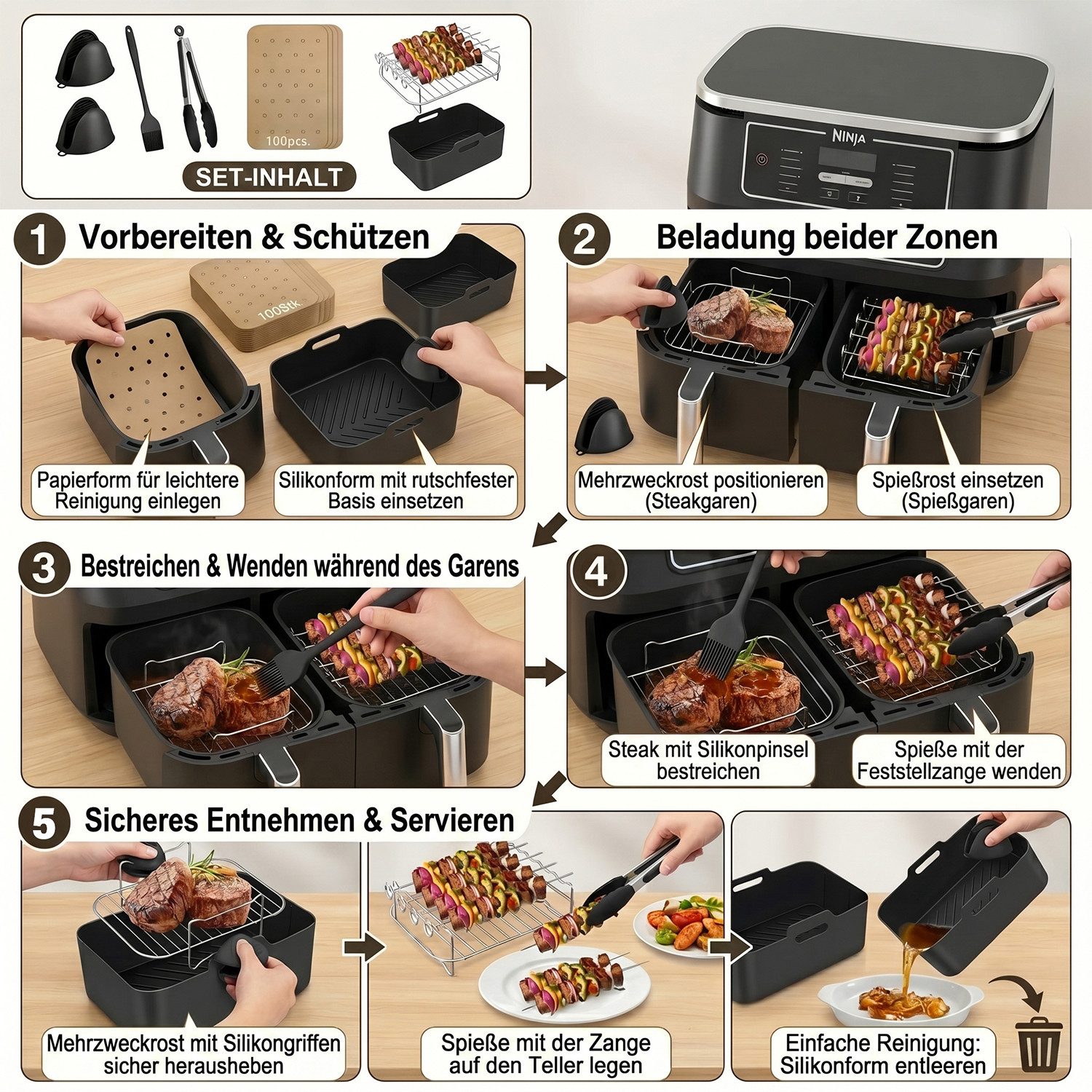 AKKEE Backform Heißluftfritteuse zubehör airfryer zubehör 13-teilig BPA-frei fürNinja, (13-tlg), 304Edelstahl, Lebensmittelechtes Silikon, BPA-Frei 13-tlg – Bild 2 von 5