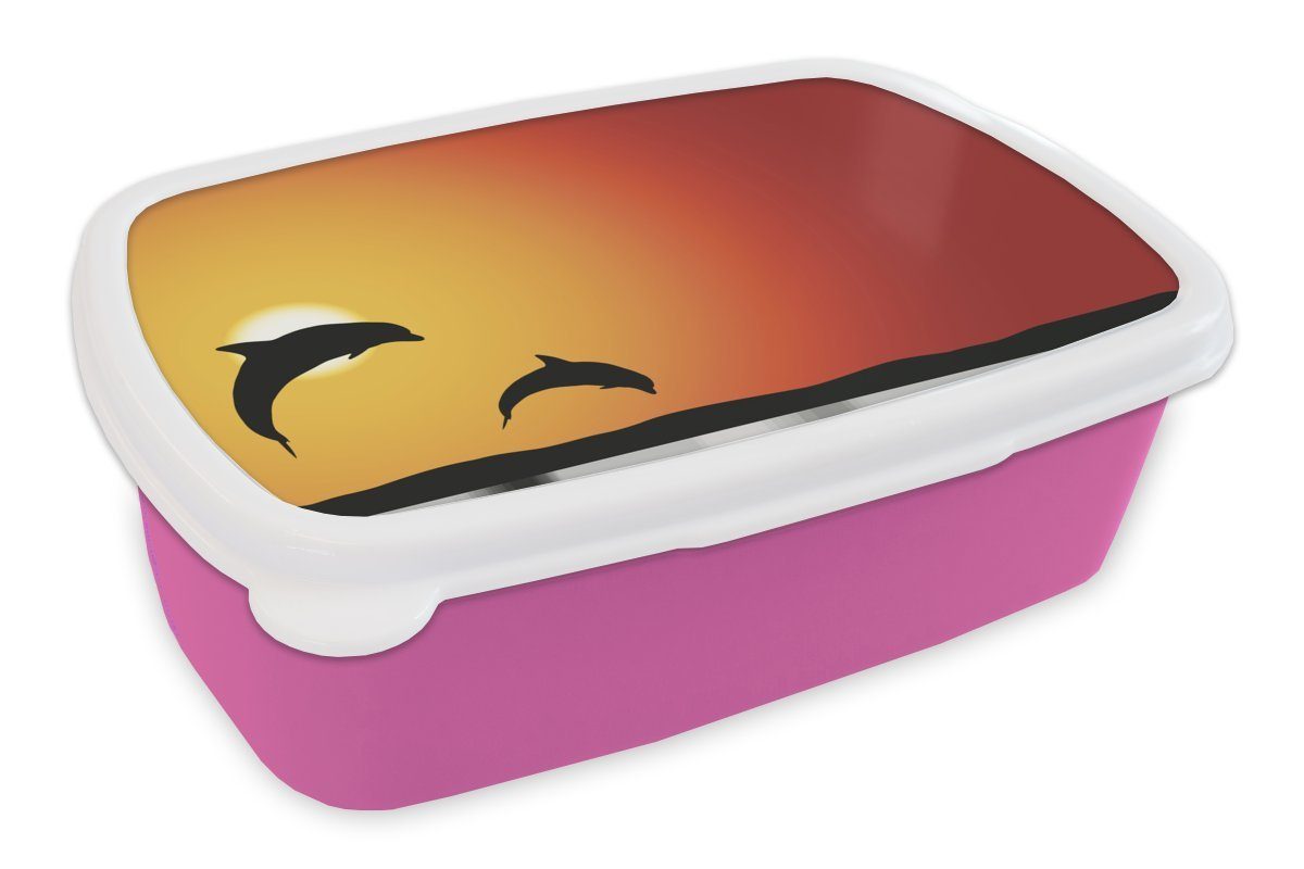 Kunststoff Brotdose Brotbox für - rosa Kunststoff, Delfine Erwachsene, MuchoWow (2-tlg), - Lunchbox Silhouette Snackbox, Kinder, Sonnenuntergang, Mädchen,