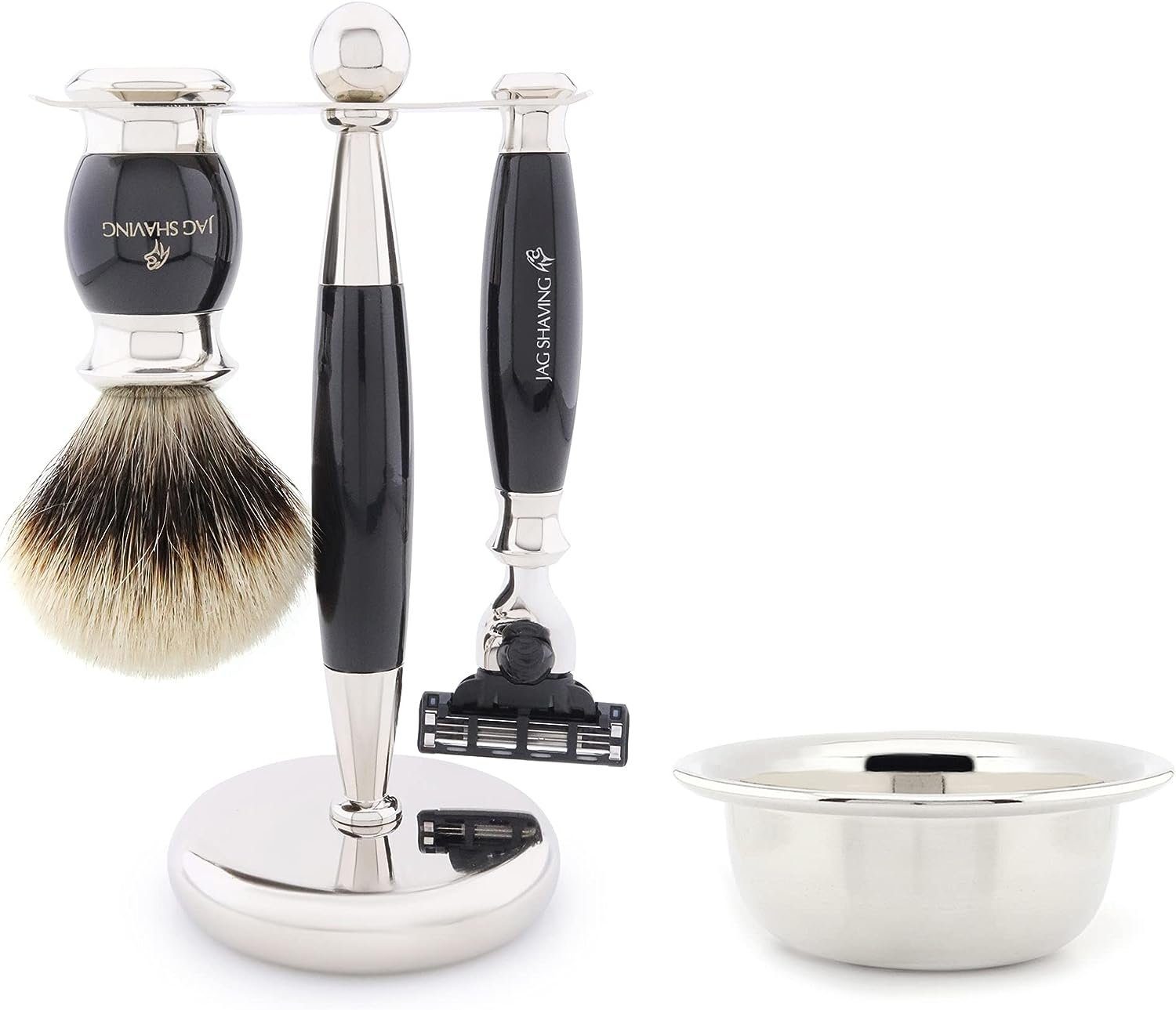 JAG SHAVING Rasierpinsel-Set Rasierpinselklingen aus Kunsthaar, Rasierhobel, Rasierset, Set, 4 tlg., Rasierset mit zusätzlichem Rasierzubehör für eine klassische Rasur., Für eine optimale Aufbewahrung den Rasierer von Hand aufbewahren.