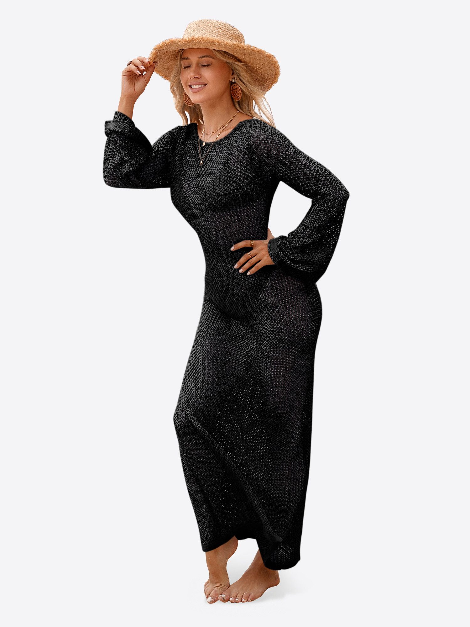 Imily Bela Strandkleid Damen Häkelstrick Beach Bikini Cover-Up Strandüberwurf (Packung, 1-tlg., 1per-Pack) mit Glockenärmeln und V-Ausschnitt – Bild 4 von 5