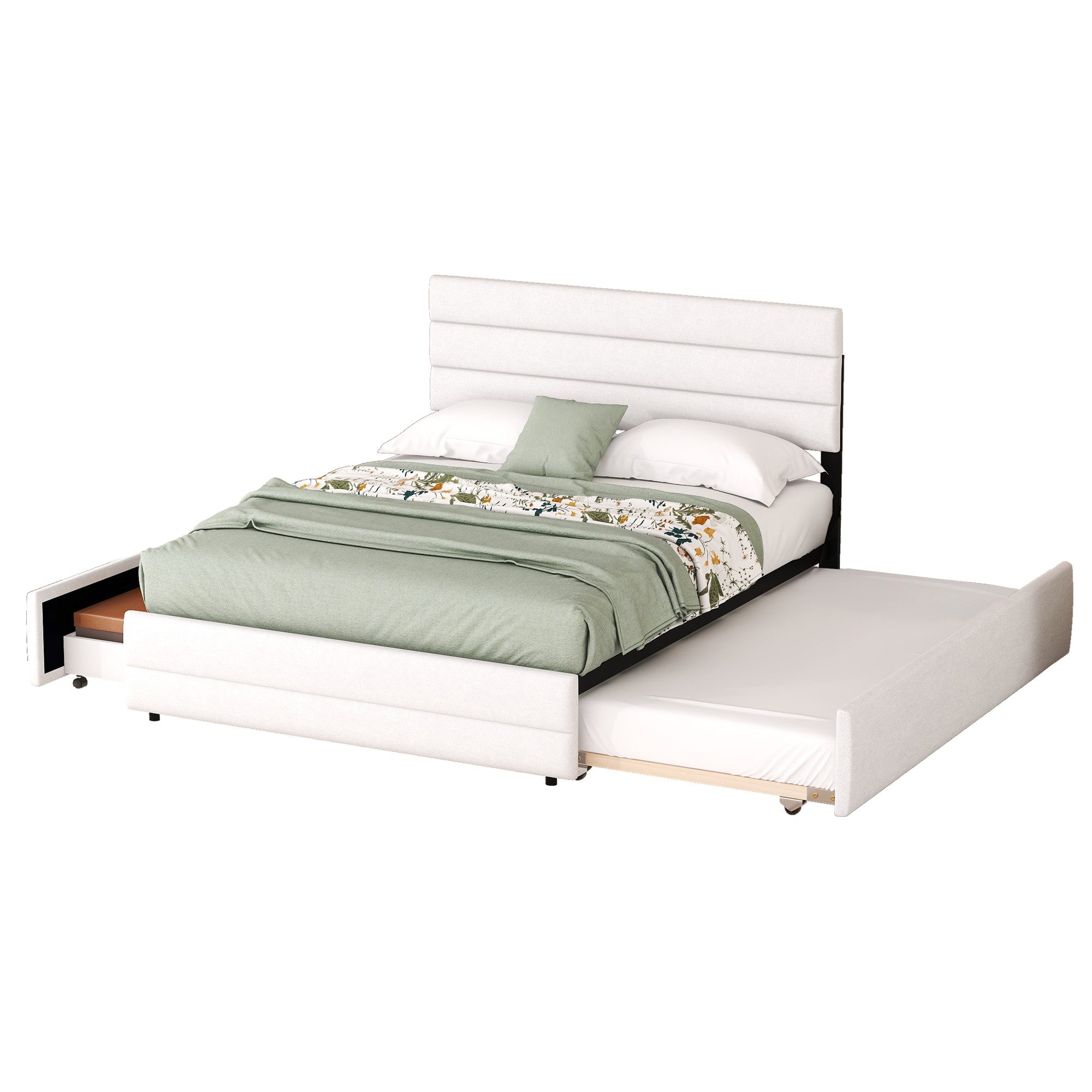 OKWISH Polsterbett Funktionsbett Doppelbett Bett, ausziehhare Liegeffäche (mit Räummaschine für zwei Personen und zwei Schubladen, 140 x 200cm Plattformbett), Ohne Matratze