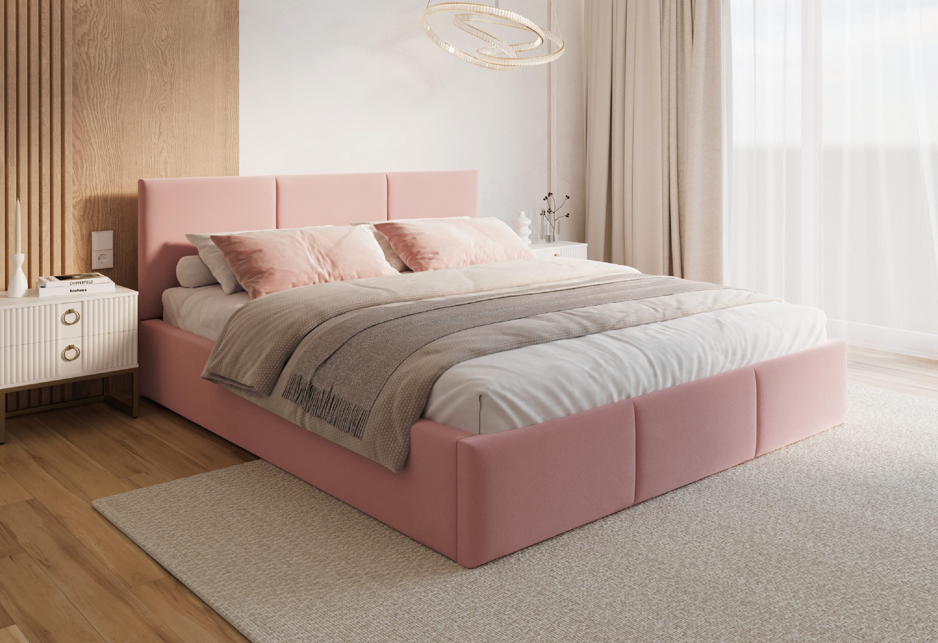 FDM Polsterbett AMBER modern mit Bettkasten MADE IN EU - mit Trinity Velours Bezug (verfügbar 90x200 120x200 140x200 160x200 180x200cm, Bettrahmen, Bett, mit großen gepolsterten Kopfteil, mit Bettkasten zum aufklappen), Hebbarer Metallrahmen, Bettkasten, mit/ohne Matratze
