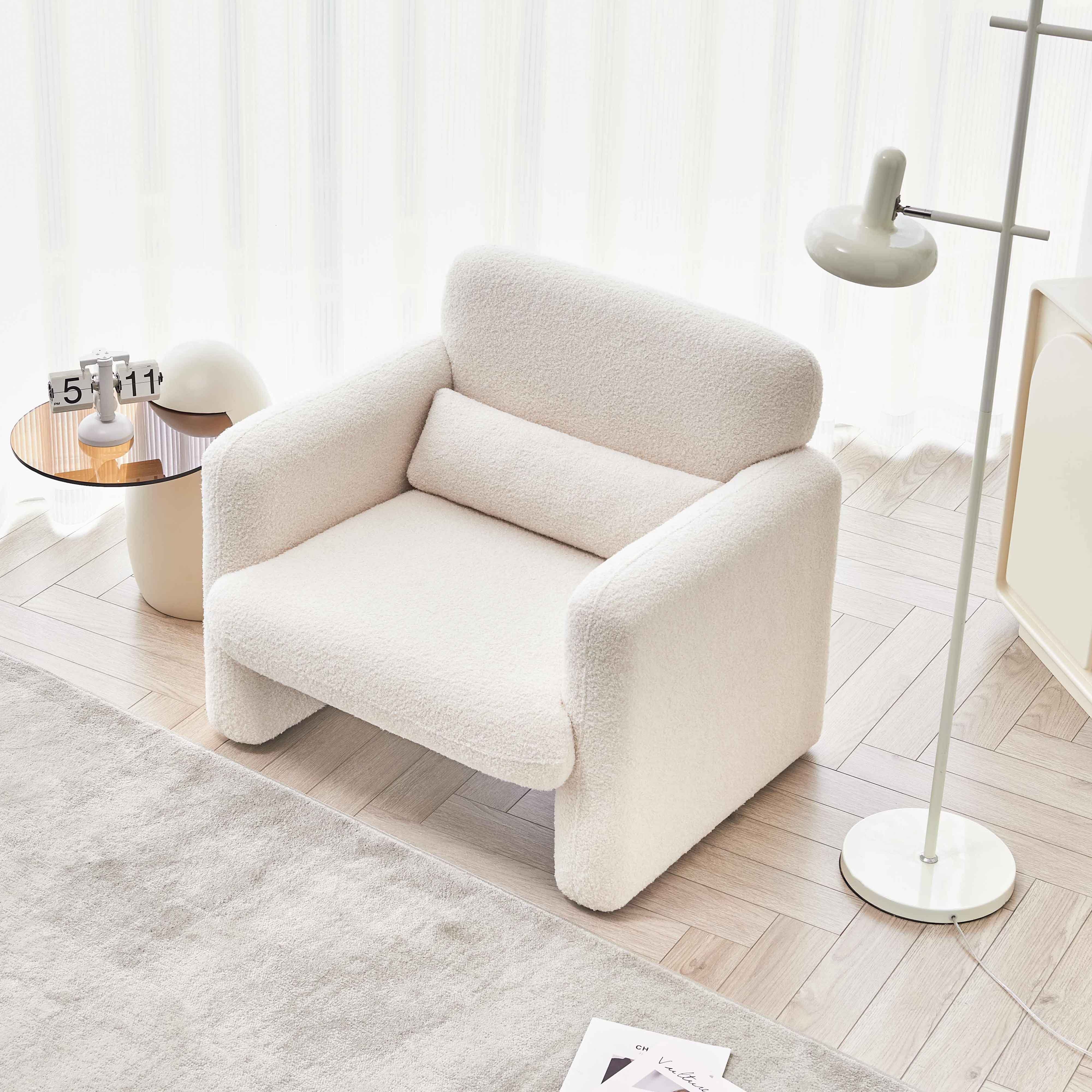 WISHDOR Loungesessel Polsterstuhl Einzelsofa Sessel Schlafsessel, Lammwolle (mit beweglichem Lendenkissen), Hochelastische Sitze beige