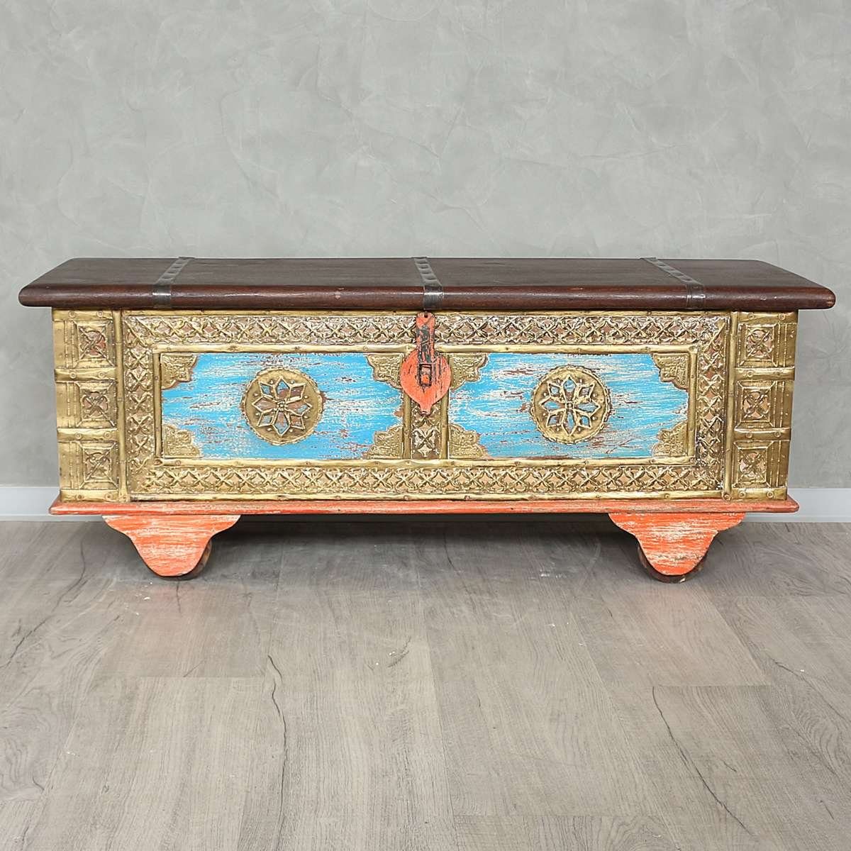 Oriental Galerie Truhe Indische Rolltruhe Orange 117 cm, traditionelle Herstellung in Handarbeit im Ursprungsland