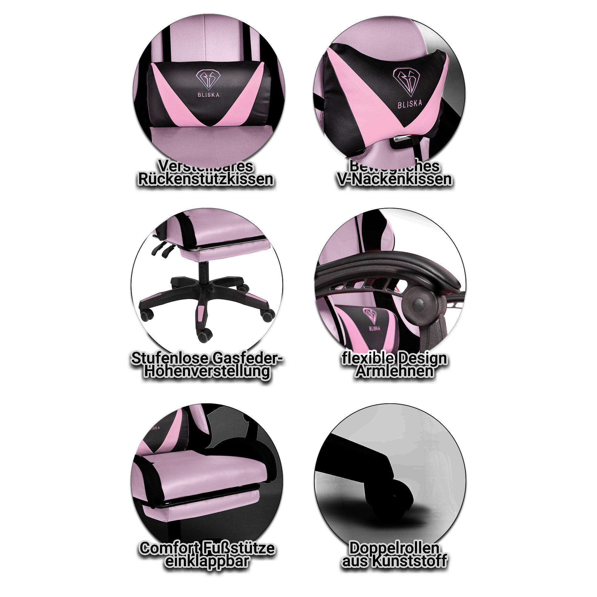 TRISENS Chefsessel Konrad (1 Stück), Fußstütze Gaming Design-Armlehnen mit mit Gaming flexiblen Stuhl Rosa/Schwarz Chair