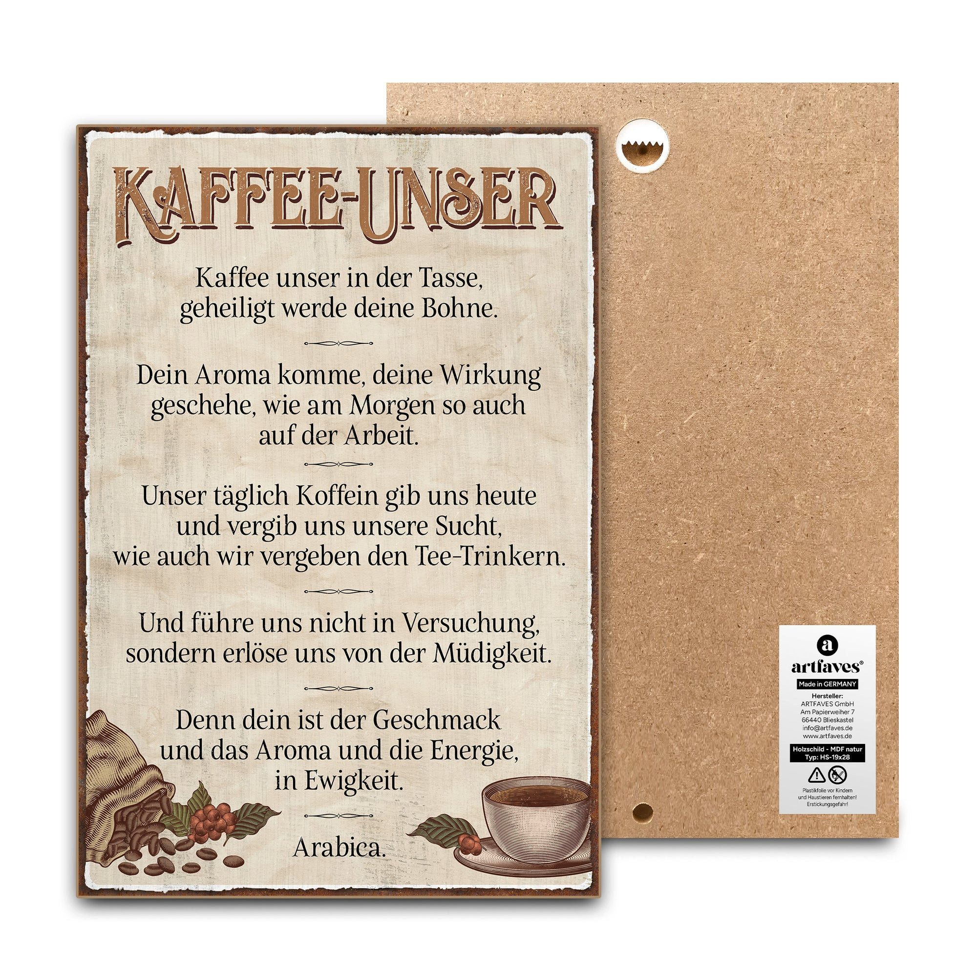 ARTFAVES Holzbild Schild mit Spruch - Kaffee-Unser - Kaffee Deko, witzige Sprüche