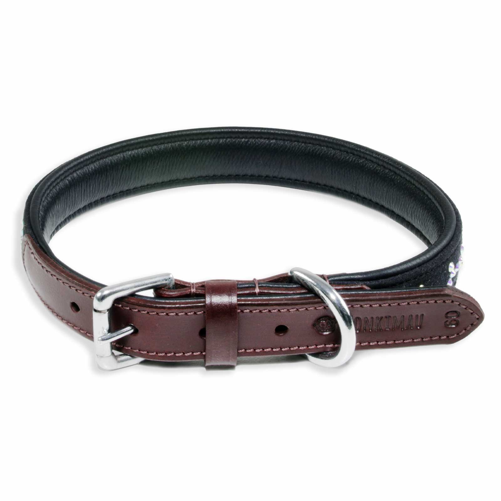 Monkimau Hunde-Halsband Hundehalsband Leder Halsband Hund braun schwarz mit Knochen Kristallen, Leder