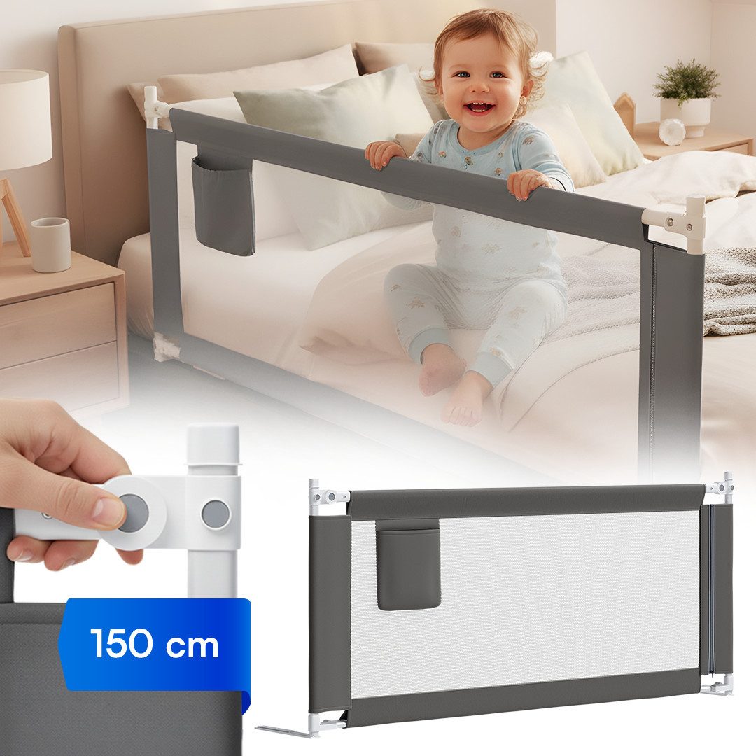 Bellabino Bettschutzgitter Drina höhenverstellbar 69–99 cm (150 cm breit, Dunkelgrau), Rausfallschutz, klappbar & kombinierbar, verfügbar in B 150/180/200 cm