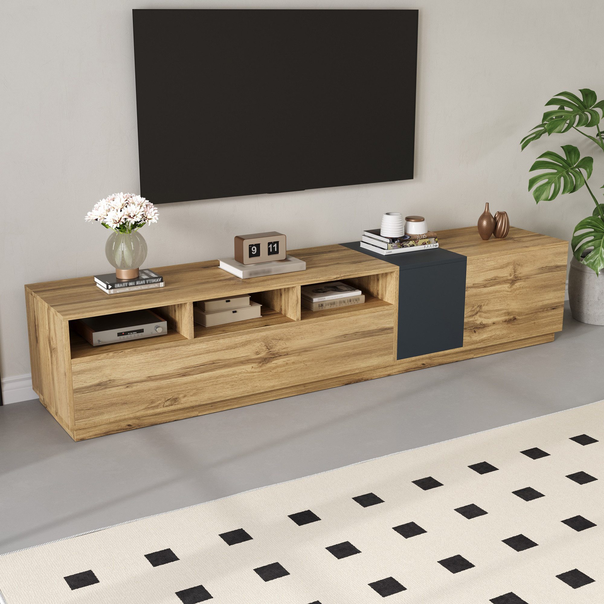 SONNI Lowboard Lowboard TV Schrank Holzfarbe 200 cm breit Modernes Design, mit Holzplatte, viel Stauraum, Kabeldurchlässe, stabil – Bild 3 von 5