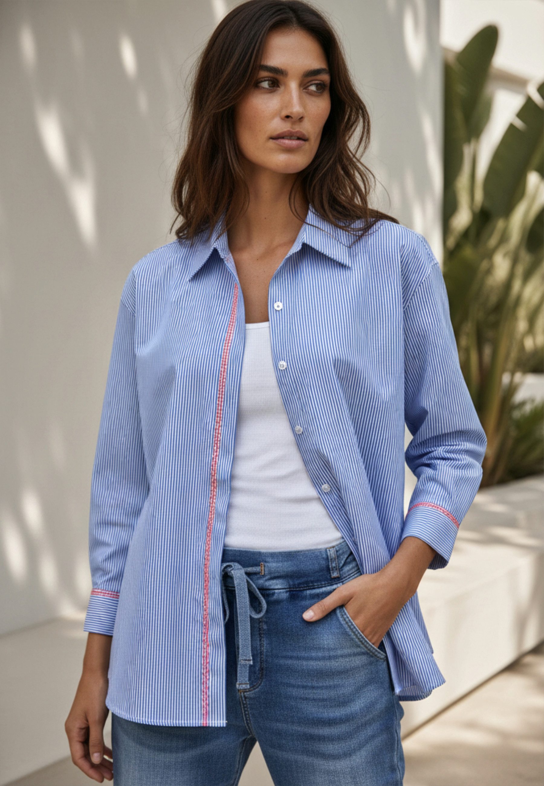 Andijamo-Fashion Hemdbluse BLUE EDGE Gestreifte Baumwollbluse mit Stickerei